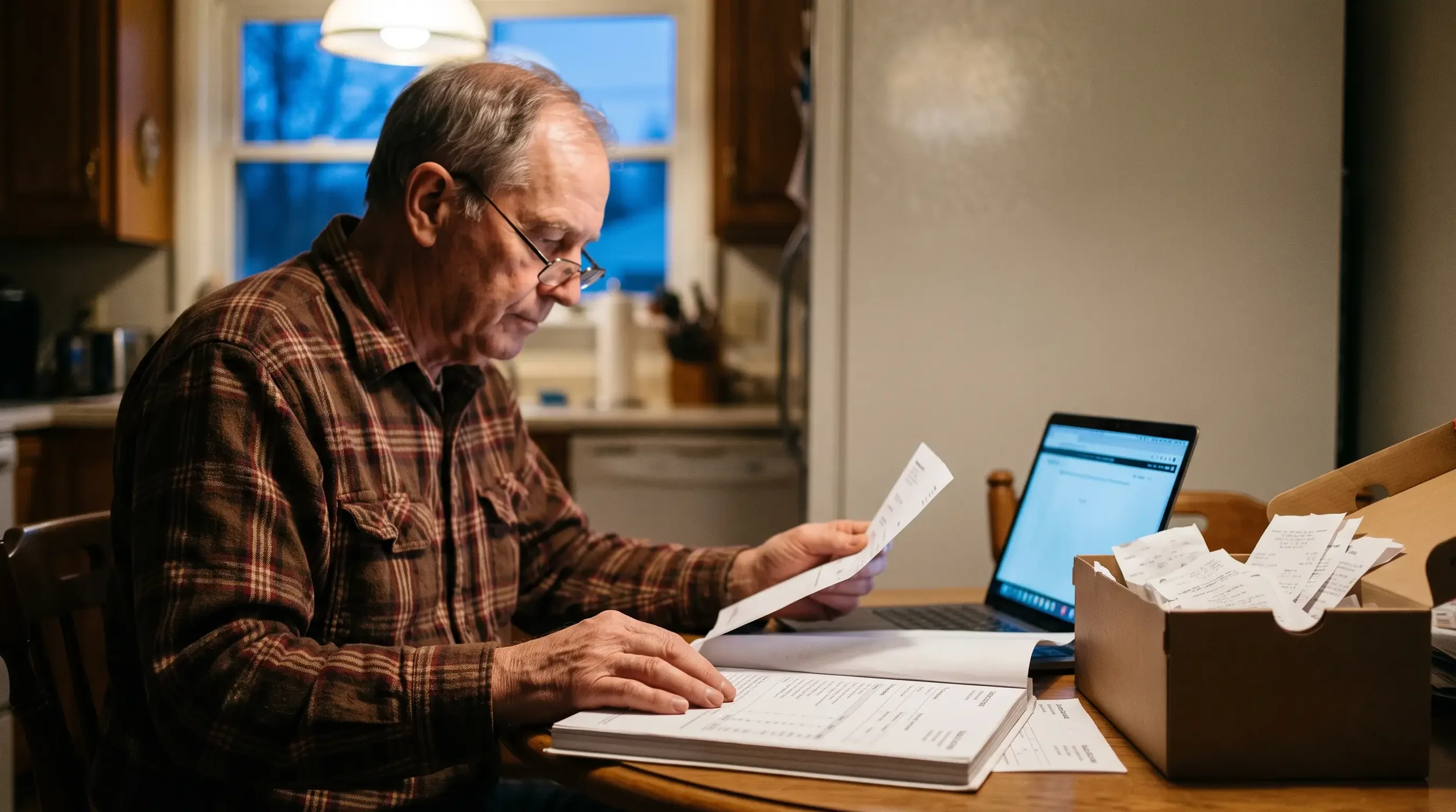 A homeowner at a kitchen table sorting a roofer's final invoice and an insurance estimate, the paperwork that releases a depreciation holdback