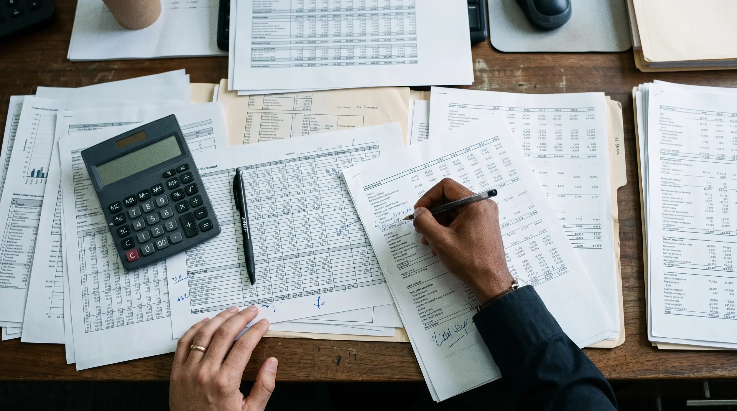 Profit and loss statements spread across a desk during a business interruption loss calculation