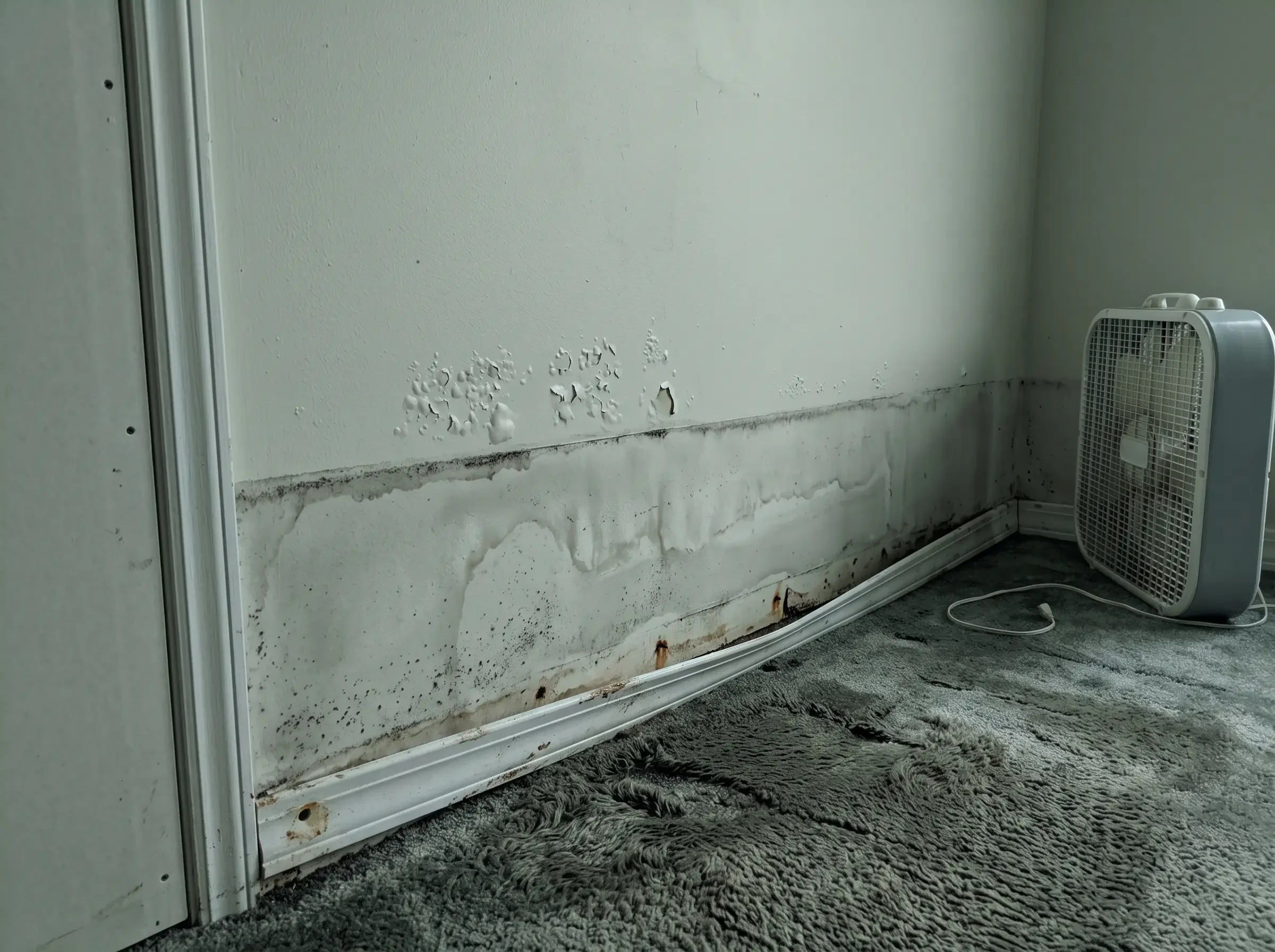 Interior wall and baseboard of a Florida home with a horizontal water line and swollen drywall after a hurricane, photographed in flat window light.