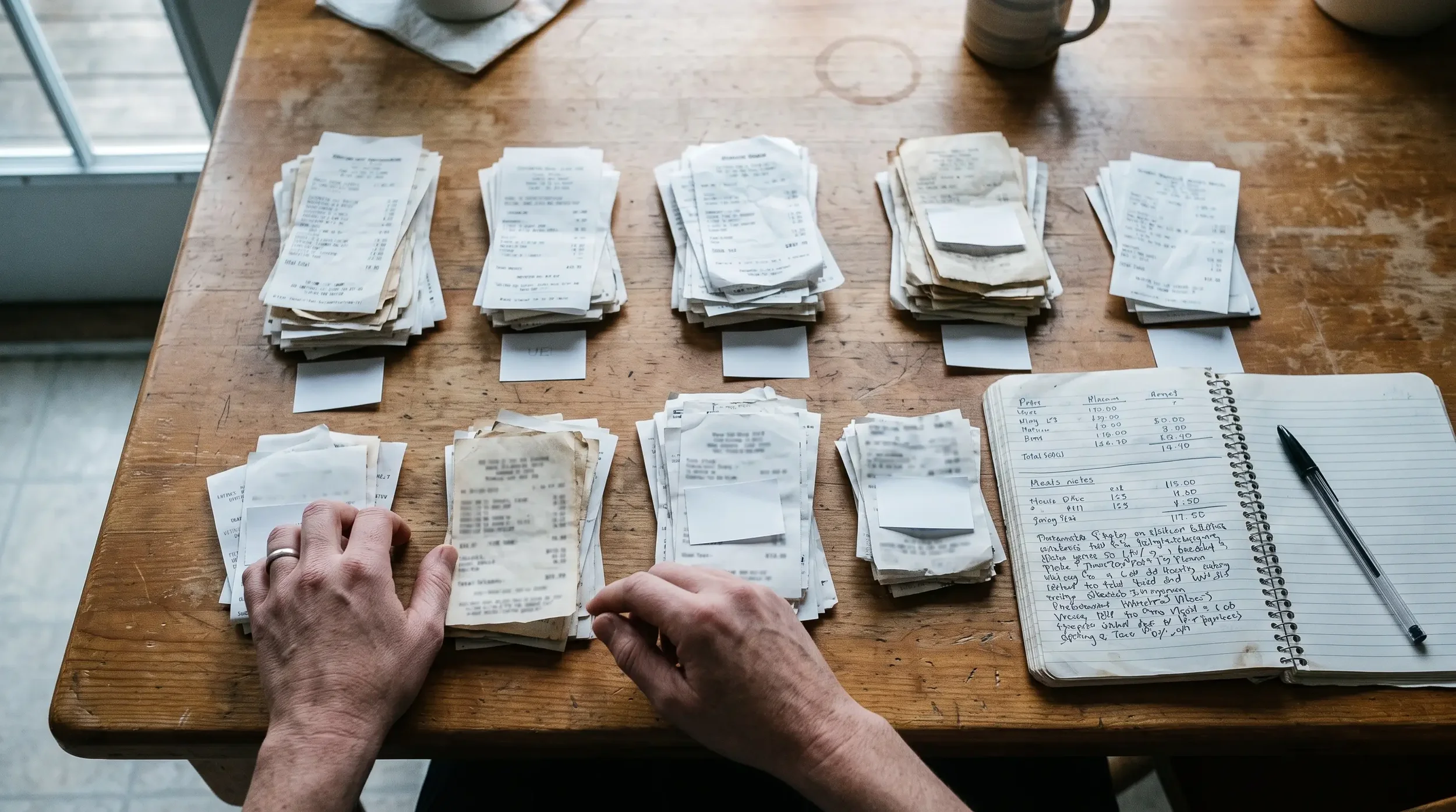 Receipts sorted by category on a table while documenting a loss of use claim