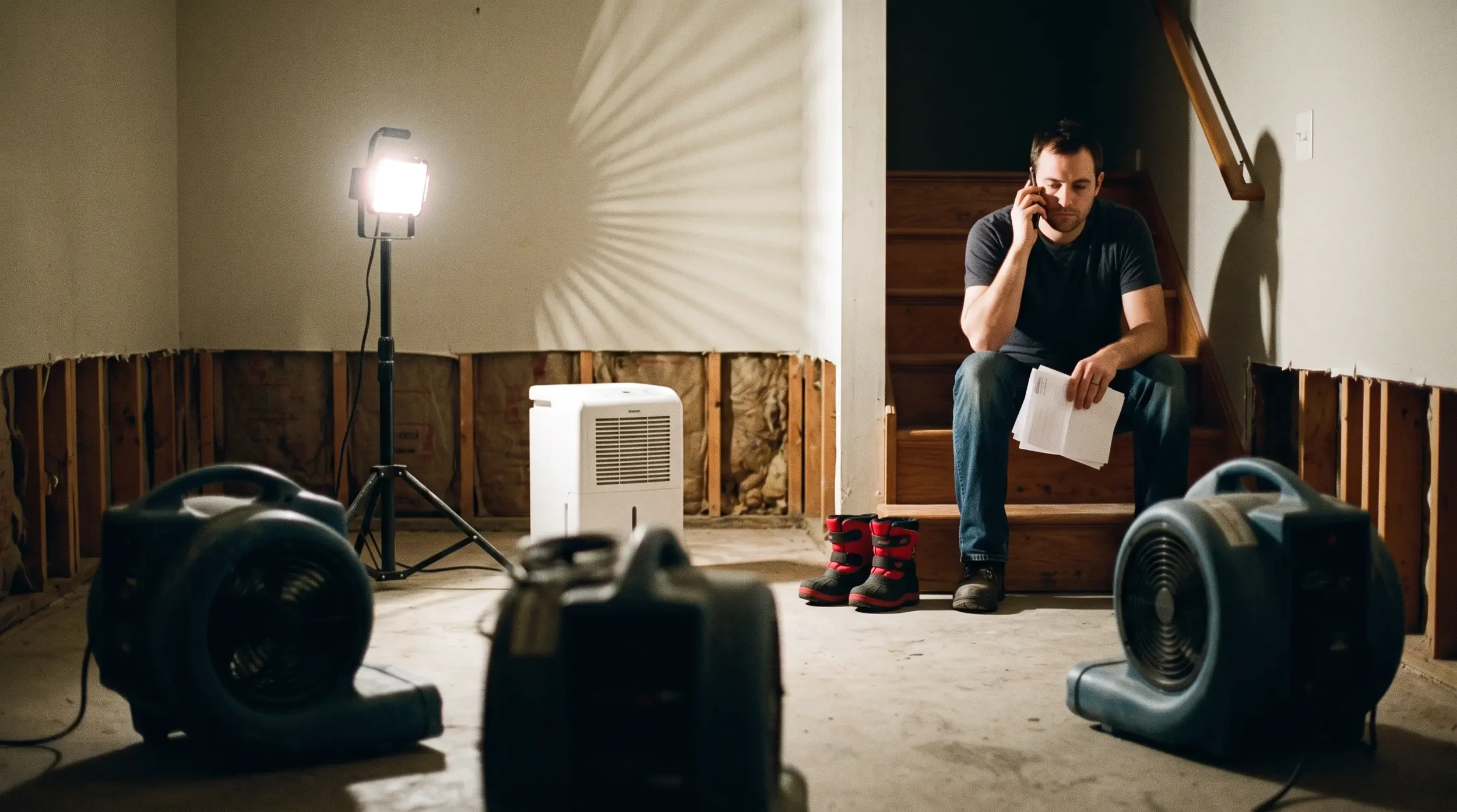 A homeowner sits on the basement stairs at night with a phone and a stack of invoices while drying fans run in a gutted room after a burst pipe