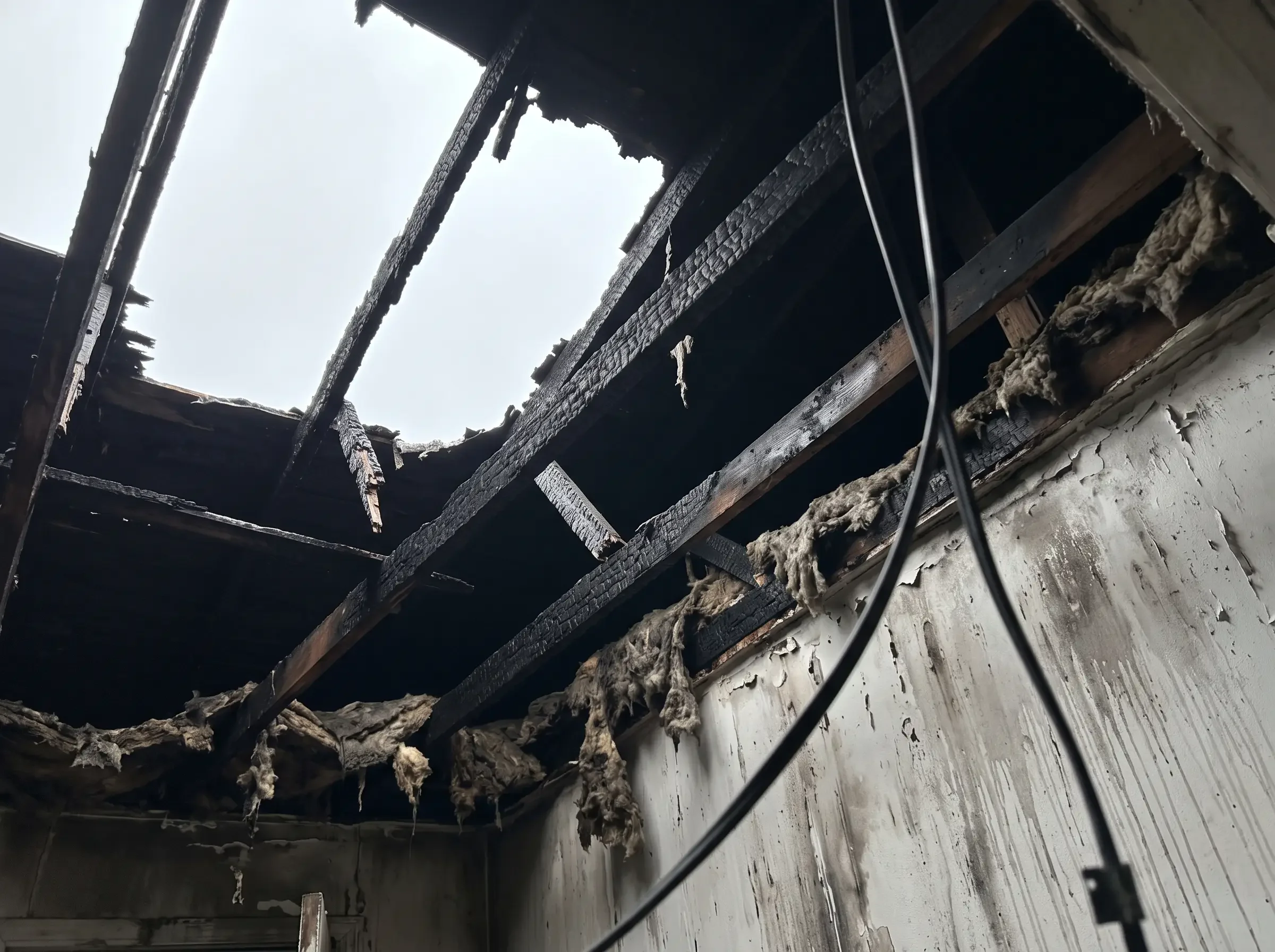 Charred roof trusses seen from inside a fire-damaged building, gray daylight coming through the burned-out opening above, the kind of structural scope that a valuation dispute turns on.