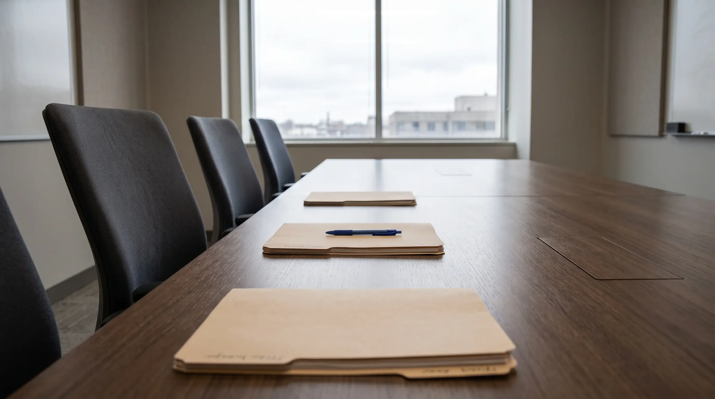Three separate claim files on a conference table, one each for two appraisers and the umpire in an insurance appraisal