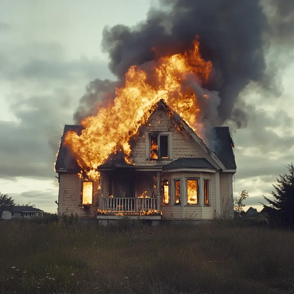 House fully engulfed in flames with thick black smoke - fire damage insurance claims handled by Shoreline Public Adjusters