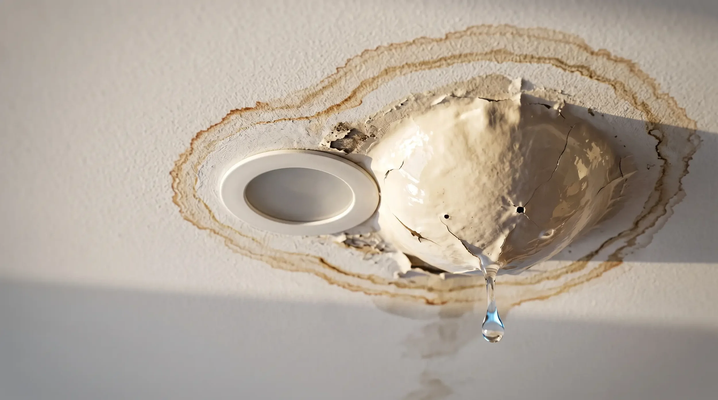 Water-filled paint bubble sagging from a condo ceiling beside a light fixture, a drop about to fall, where most HOA water damage responsibility disputes start