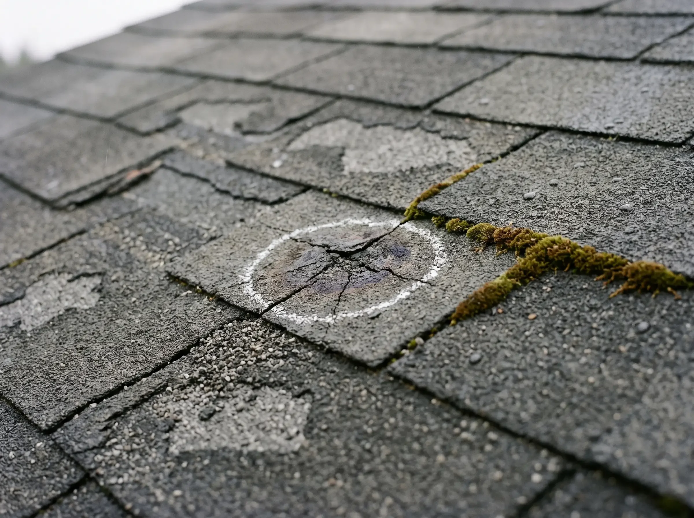 Weathered shingles with hail bruising and heavy granule loss, the condition an adjuster prices depreciation against