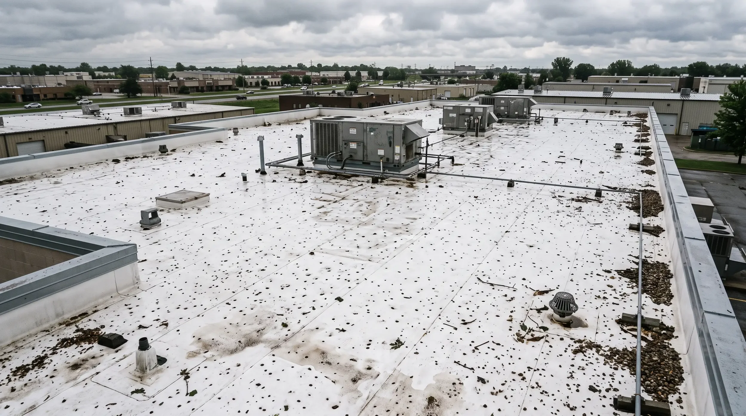 Hail damage across a flat commercial roof membrane during a commercial property damage claim inspection