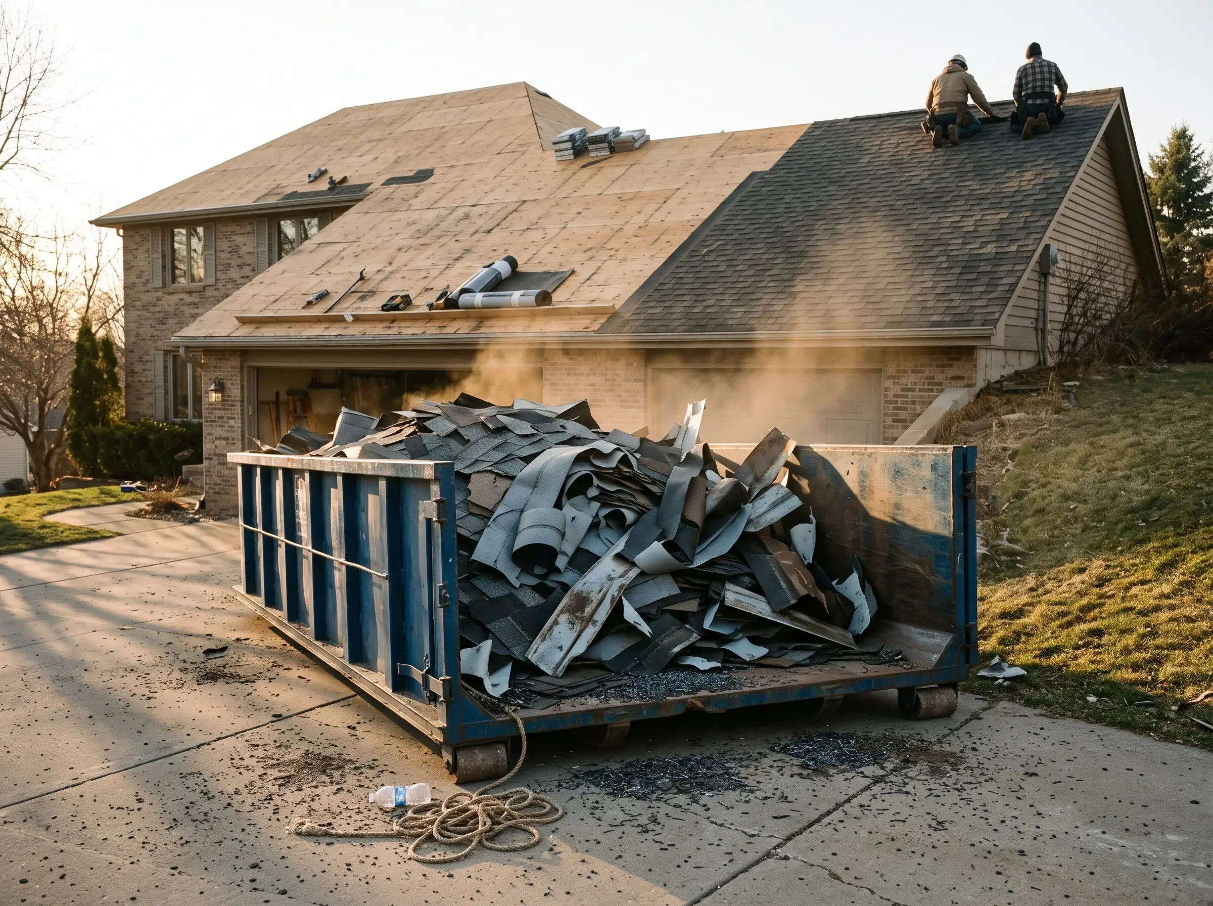 Recoverable depreciation - a roof tear-off in progress, with torn shingles filling a dumpster in the driveway