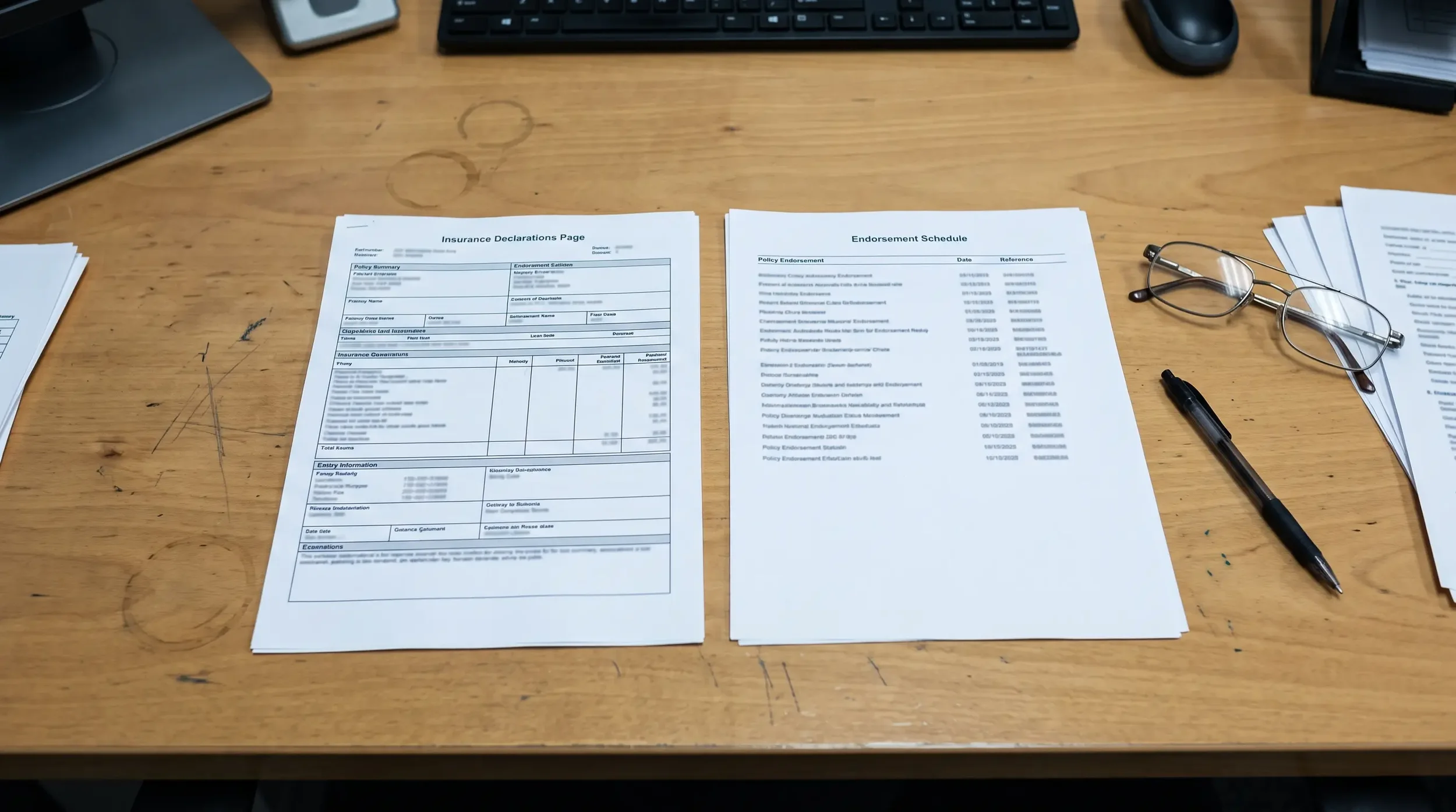 A commercial property insurance declarations page under review for coinsurance and roof endorsements
