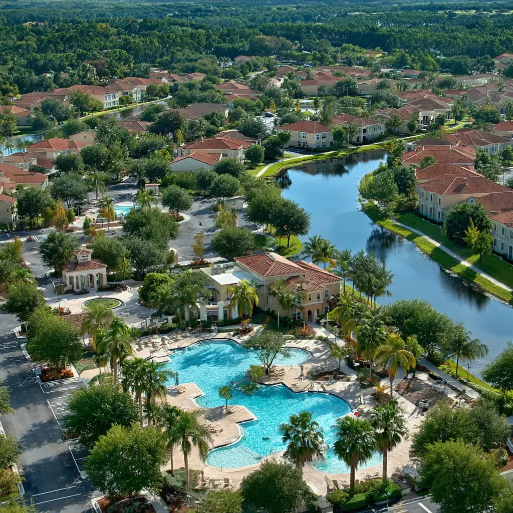 Aerial view of HOA community with pool and residential homes - Shoreline Public Adjusters handles HOA and condo association insurance claims
