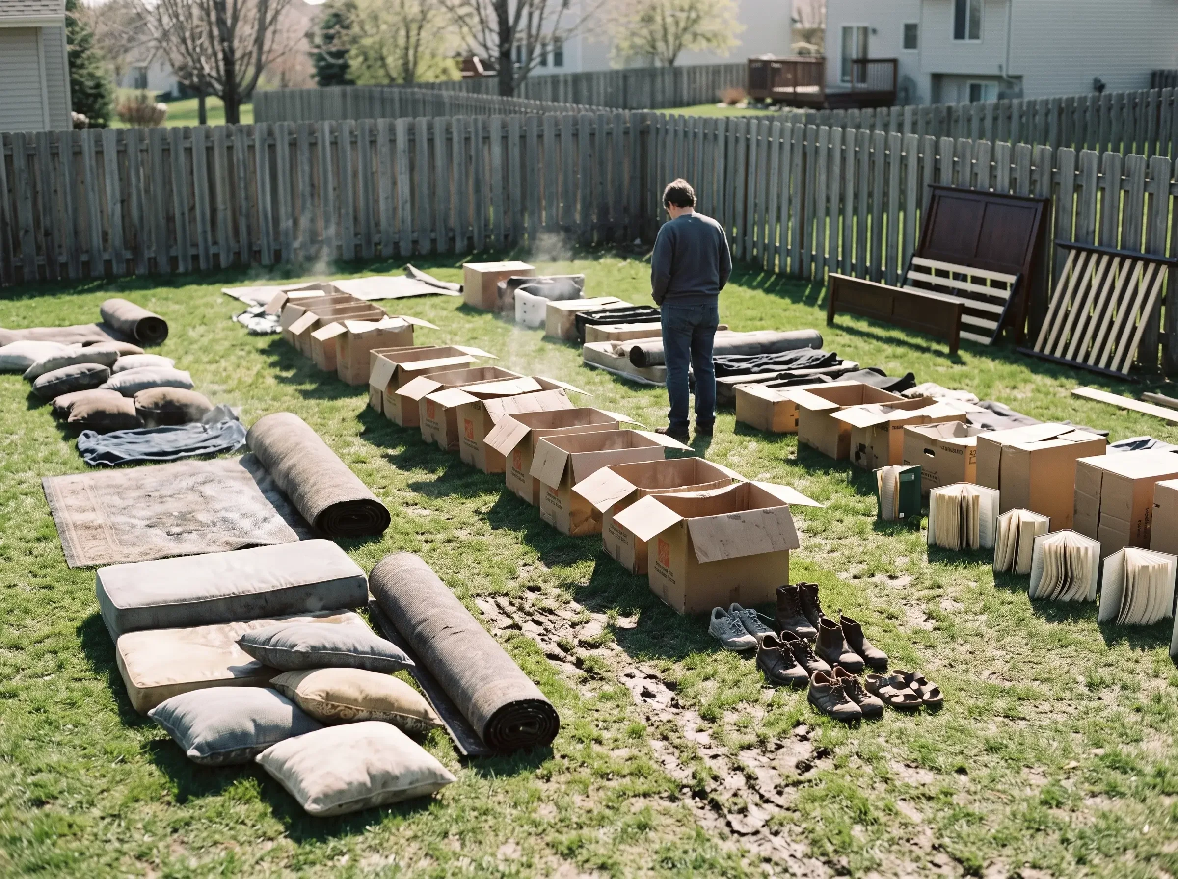 Water-damaged household contents laid out in rows on a lawn to dry after a loss, part of documenting a claim