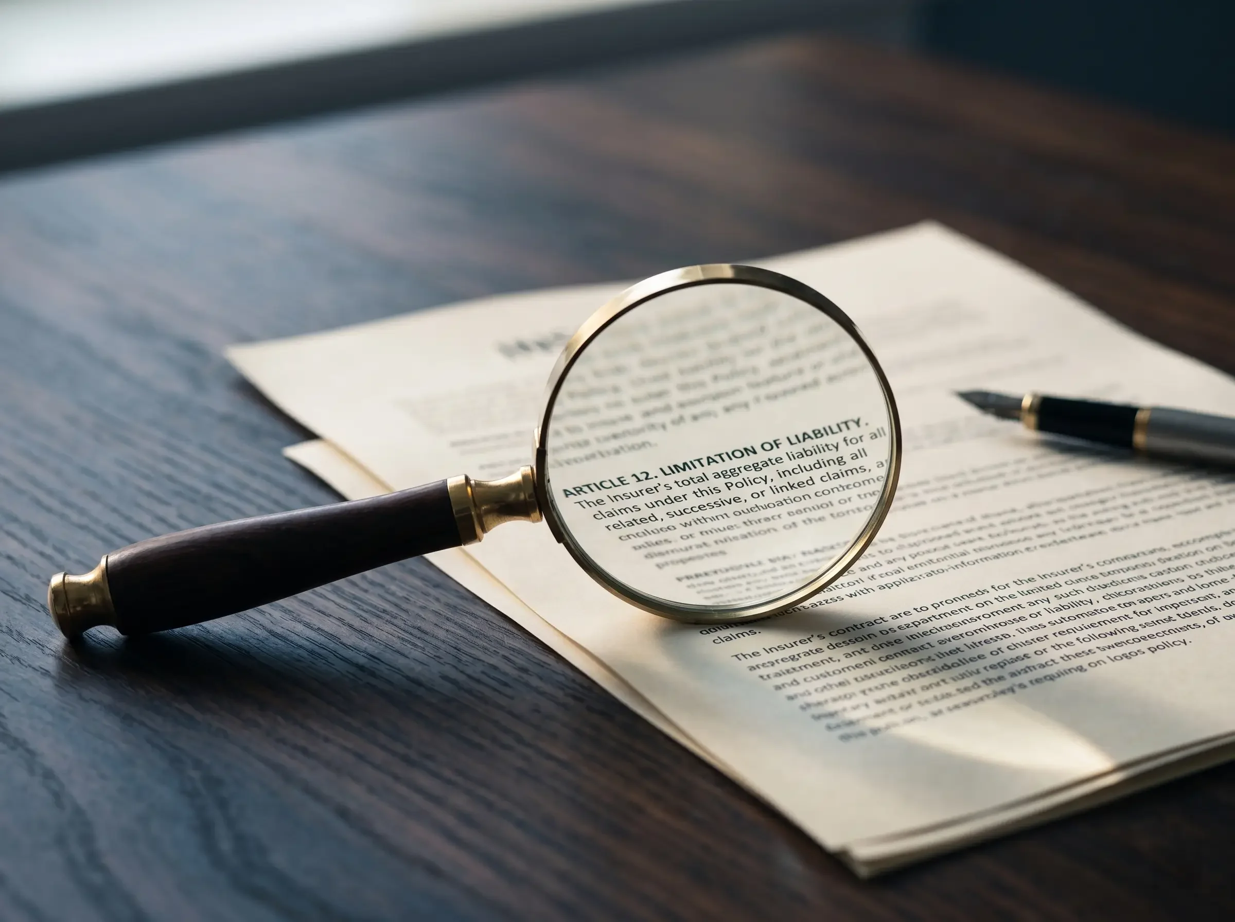 Magnifying glass examining a public adjuster contract on a wooden desk