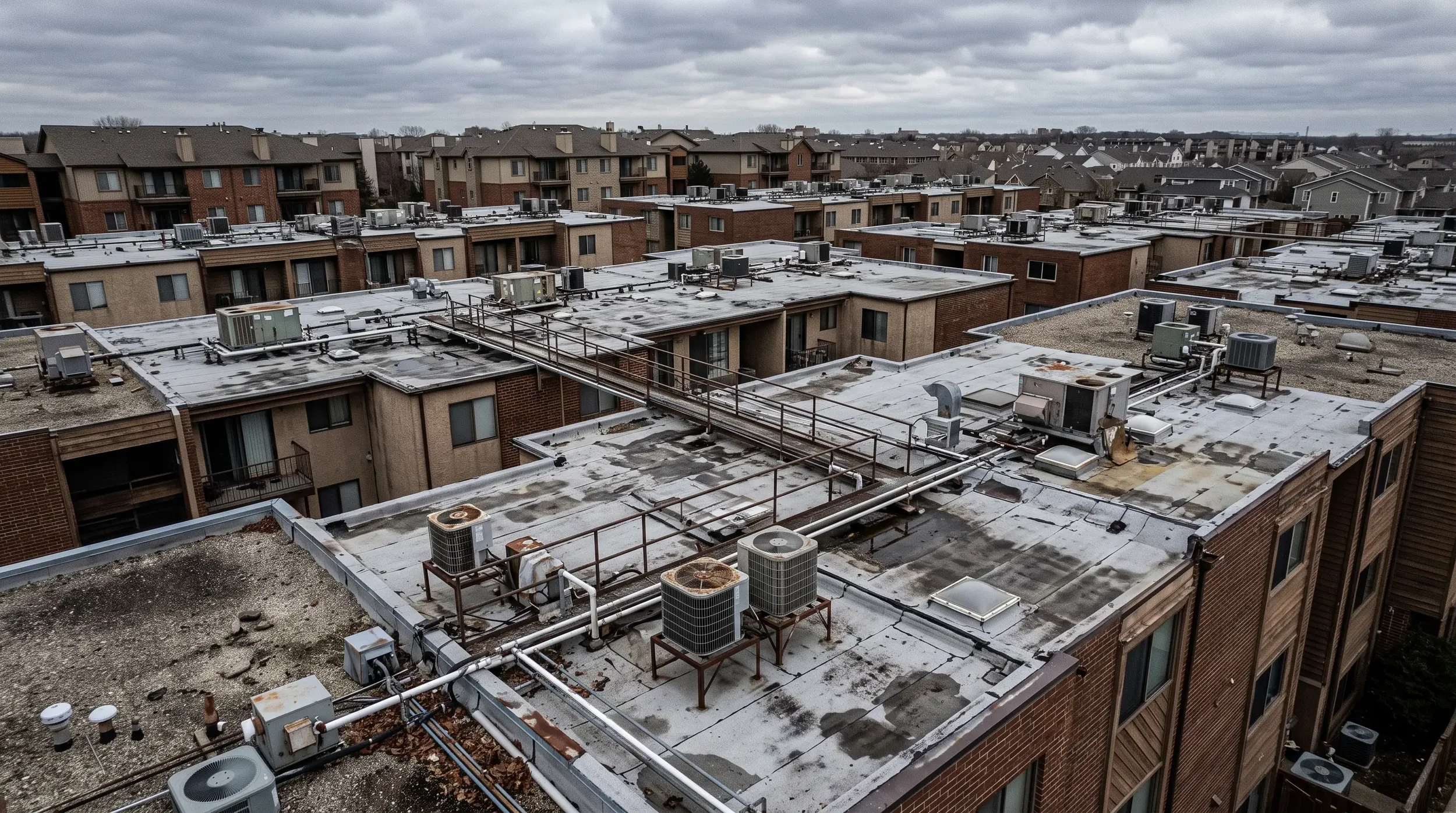 Roof inspection across a multi-building condominium association, where damage is often sampled on one building and extrapolated to the rest