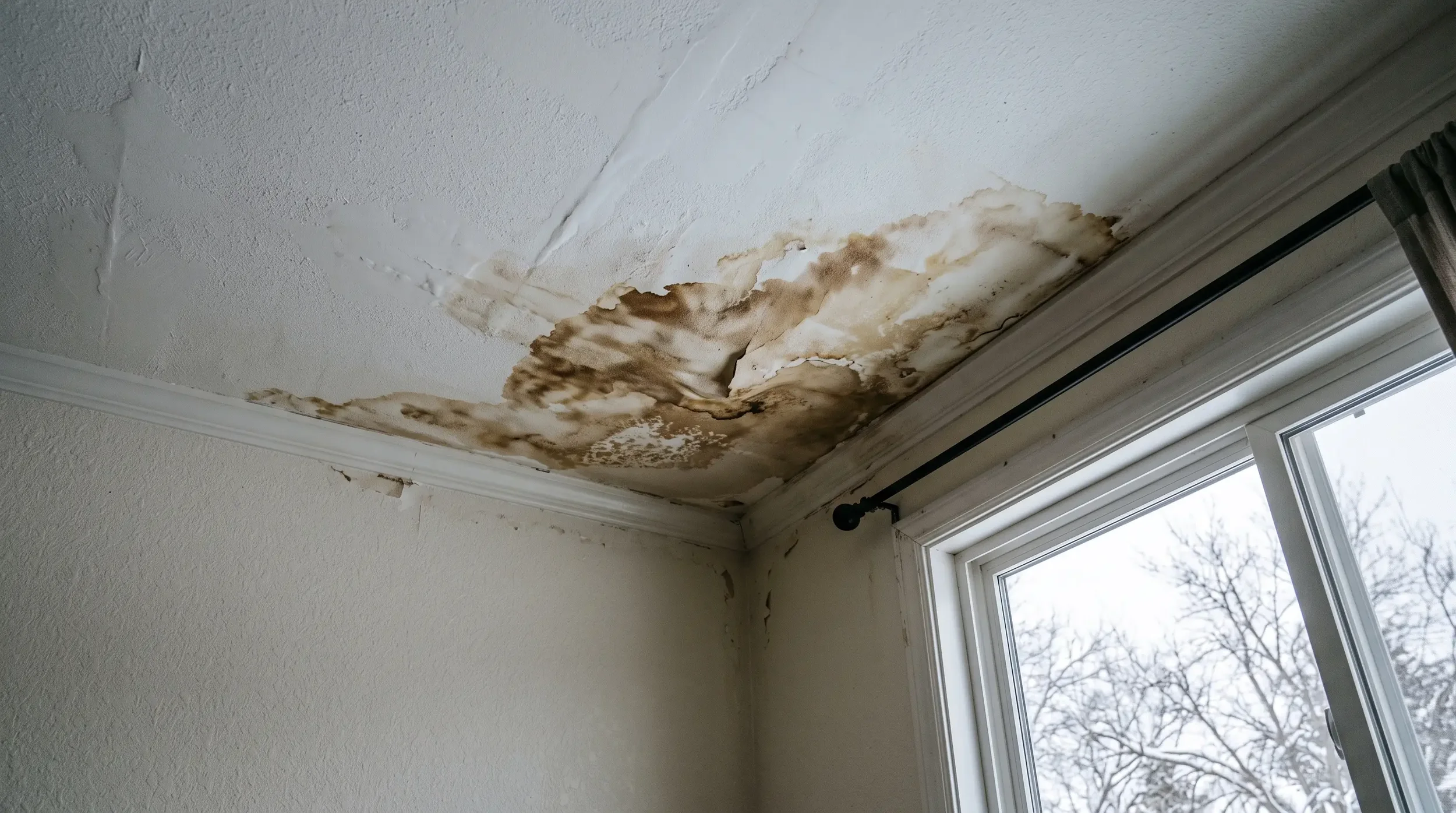 Water staining spreading across an interior ceiling below an ice dam - the damage homeowners insurance does cover on a Minnesota ice dam claim