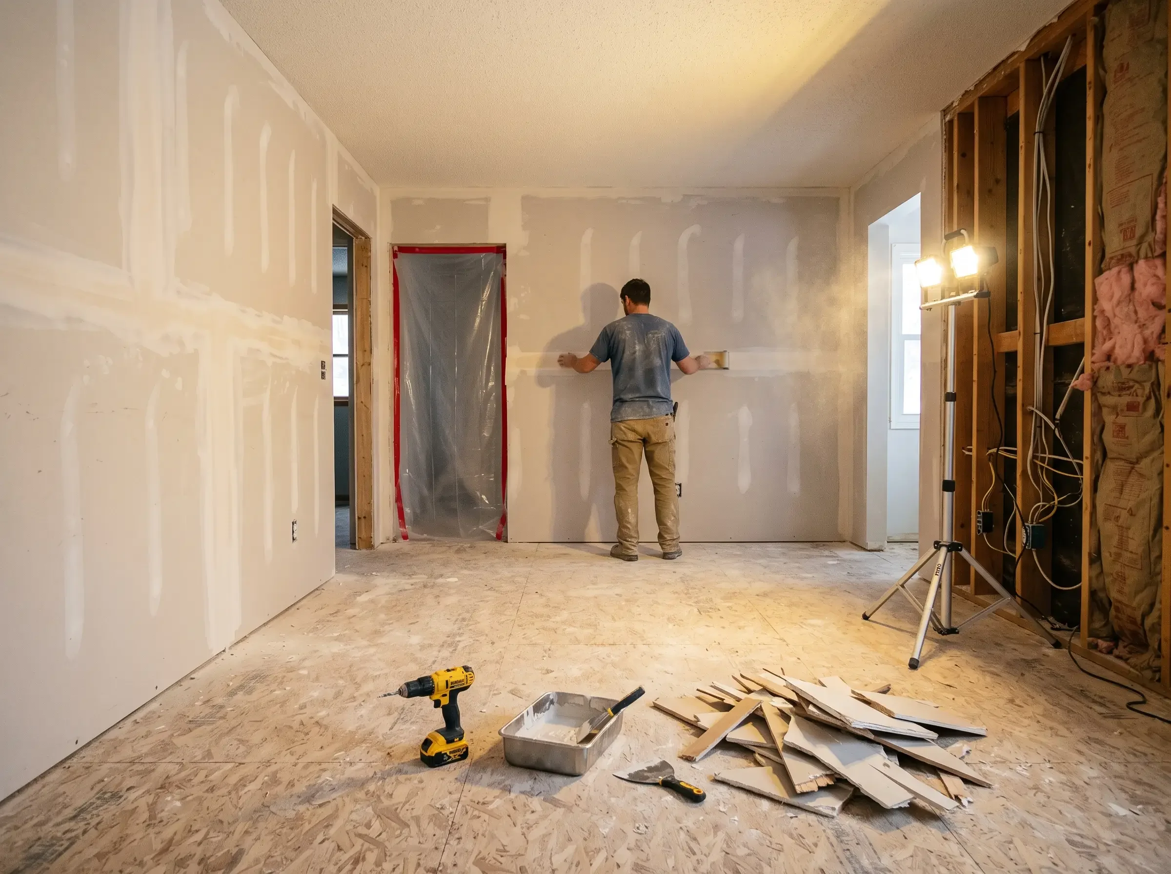A room mid-reconstruction after a covered loss, with new drywall up and finishing work still underway