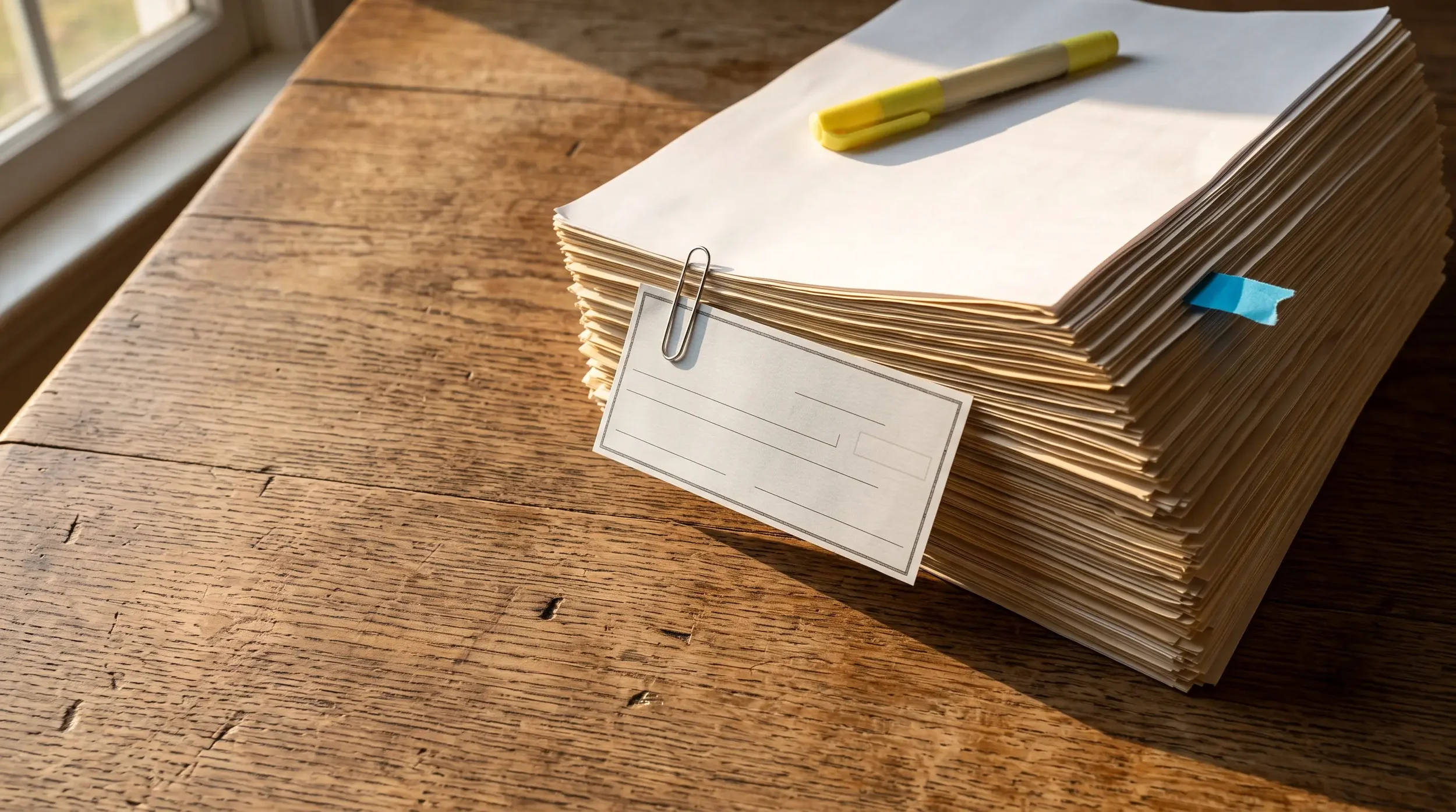 A thin insurance check clipped to a thick contractor repair estimate on a kitchen table, the gap at the heart of an underpaid insurance claim