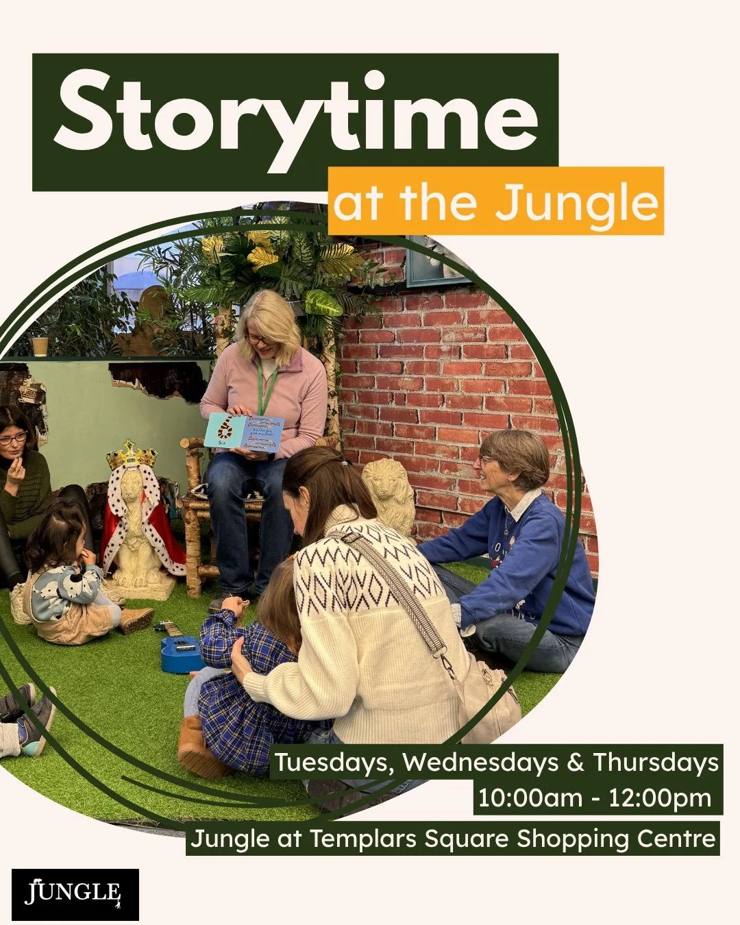 Join us on Tuesday, Wednesday and Thursday mornings for Storytime at the Jungle!

We read stories together, then provide toys and bubbles for the children and tea and coffee for the adults😇 

And everything is free! 

Every Tuesday, Wednesday and Th