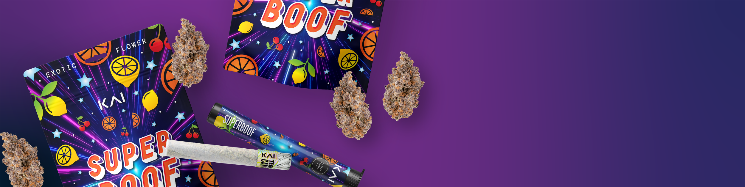 KAI Cultivation Superboof Pre-Pack Eighth, Flower Buds, and 2G Hand-Roll.