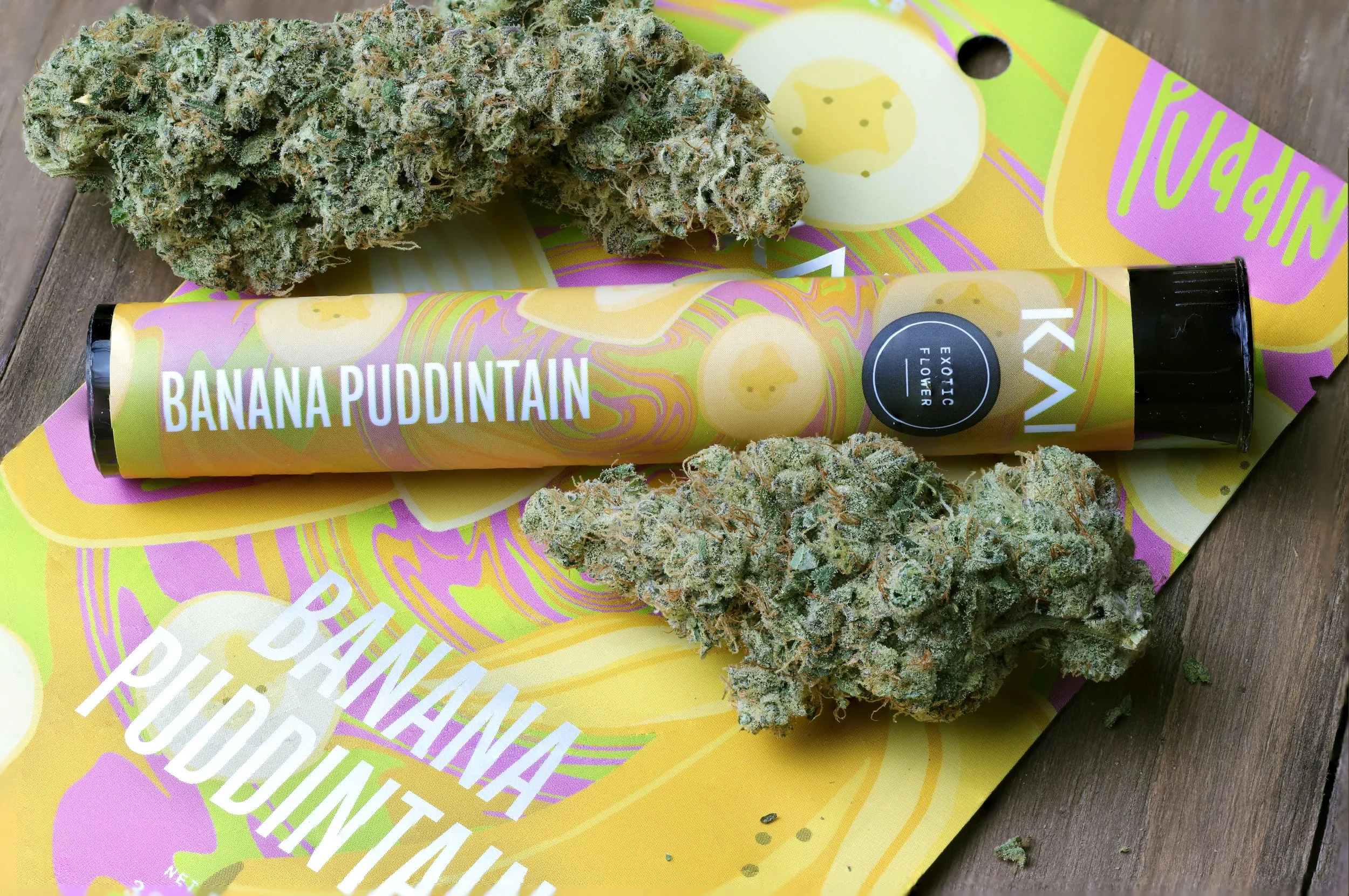 KAI Cultivation Banana Puddintain Indica-Hybrid Cannabis Flower, Pre-Pack Eighth, and Pre-Roll Tube.