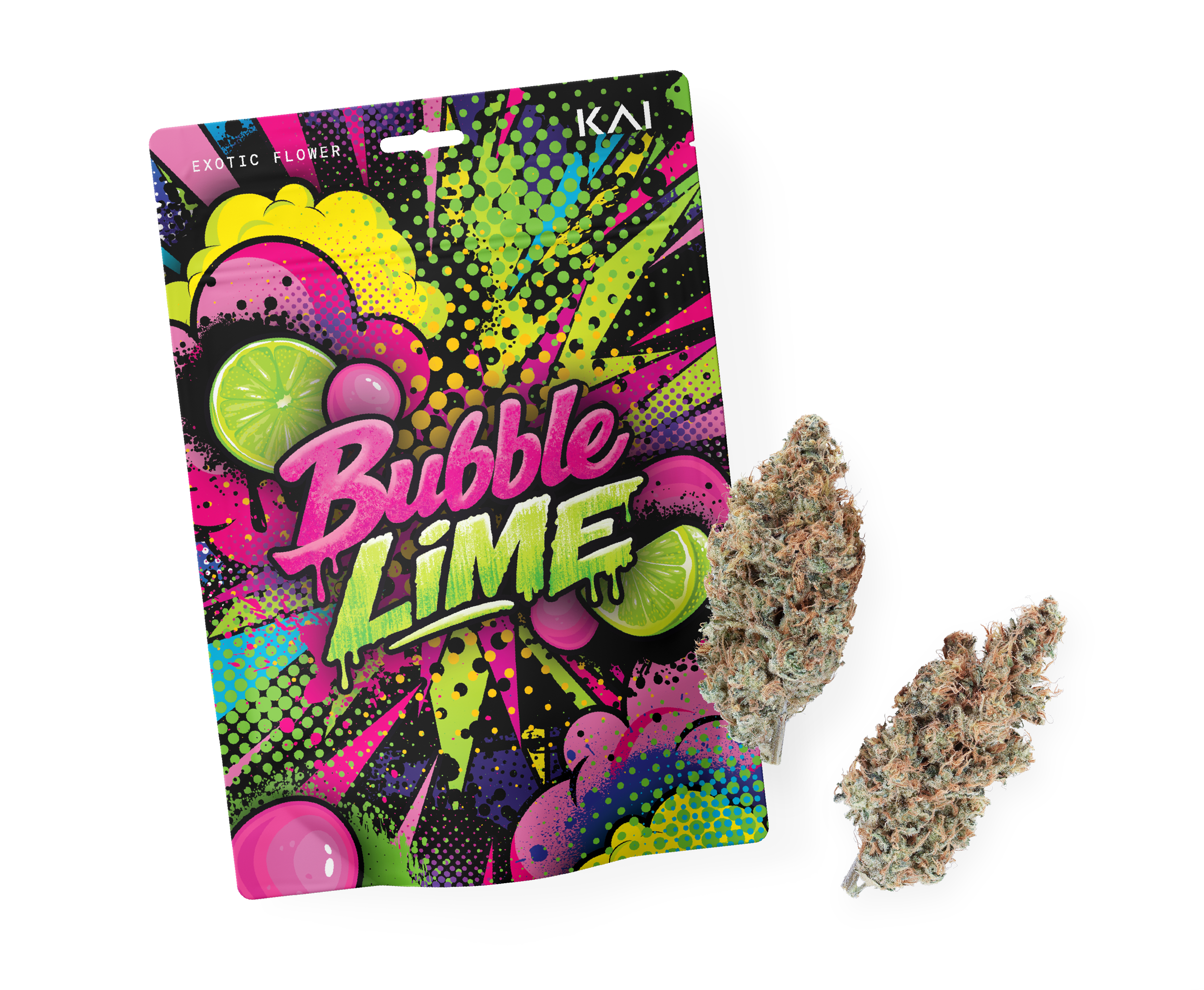 KAI Cultivation Bubble Lime Pre-Pack Eighth Package and Cannabis Flower