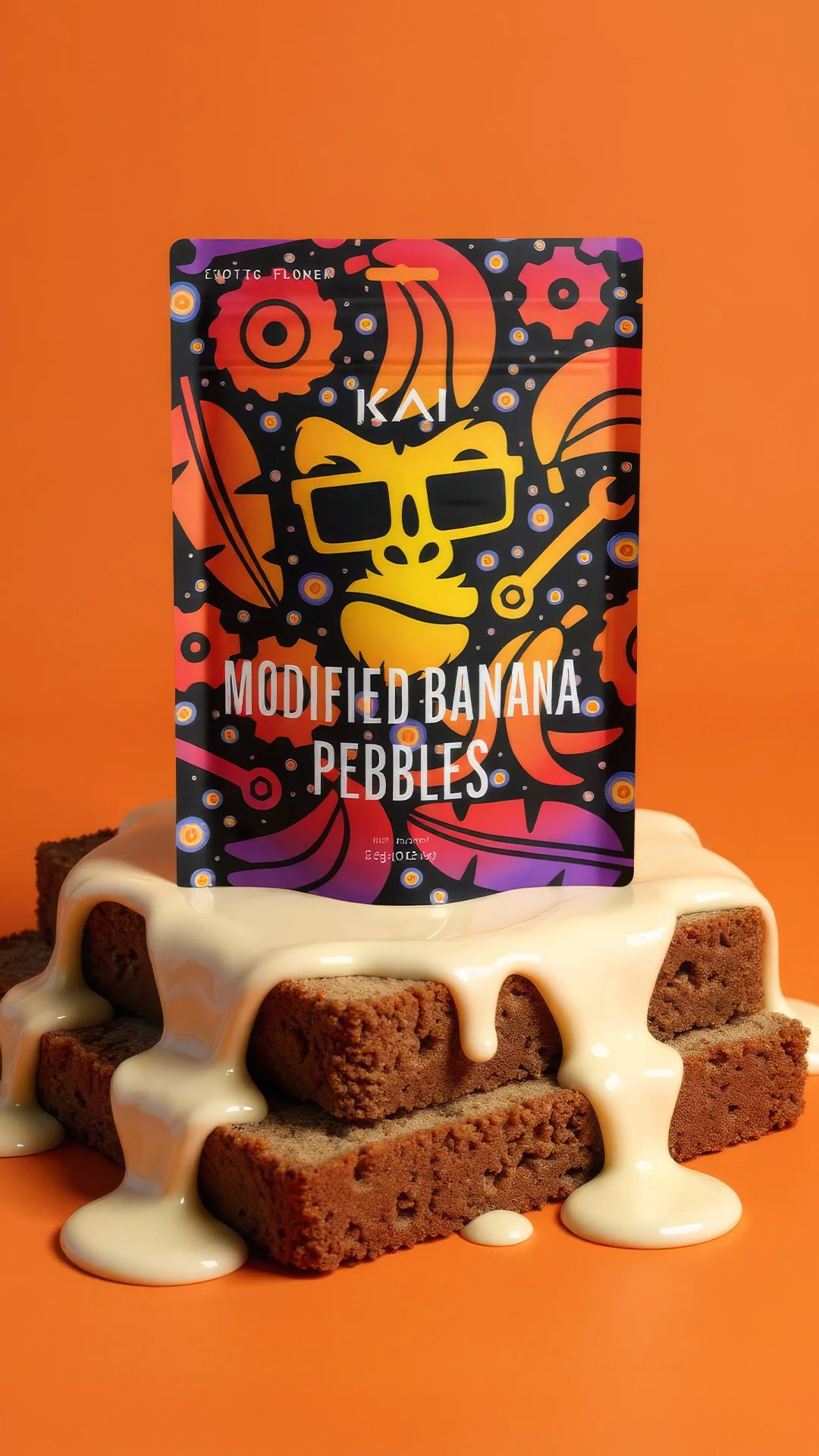 KAI Cultivation Modified Banana Pebbles pre-pack eighth on top of banana bread