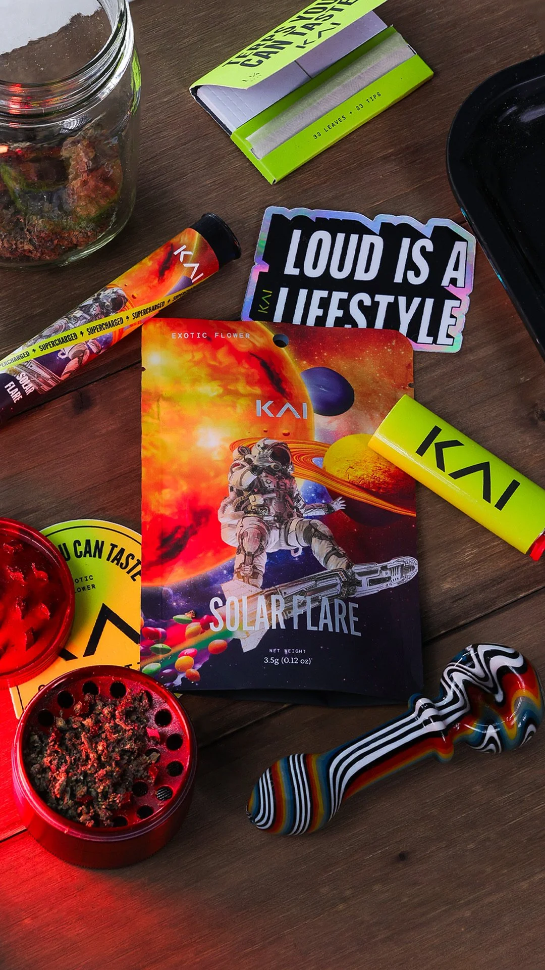 KAI Cultivation Solar Flare pre-pack eighth with ground flower, pre-roll, and lighter