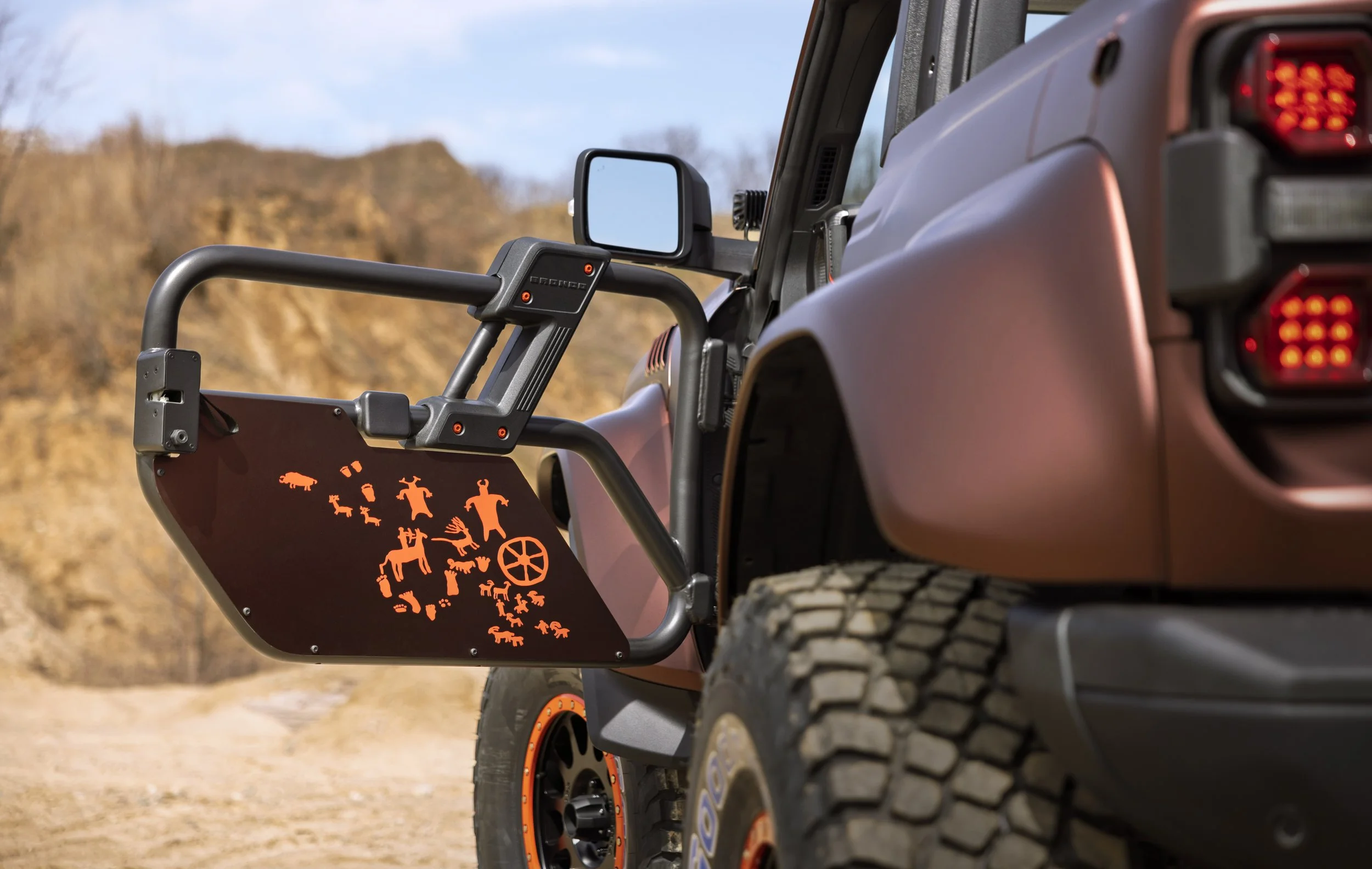 Bronco Cliffhanger Tube Door Detail showing Petroglyphs designed by Brad Fishkin and inspired by Newspaper Rock.