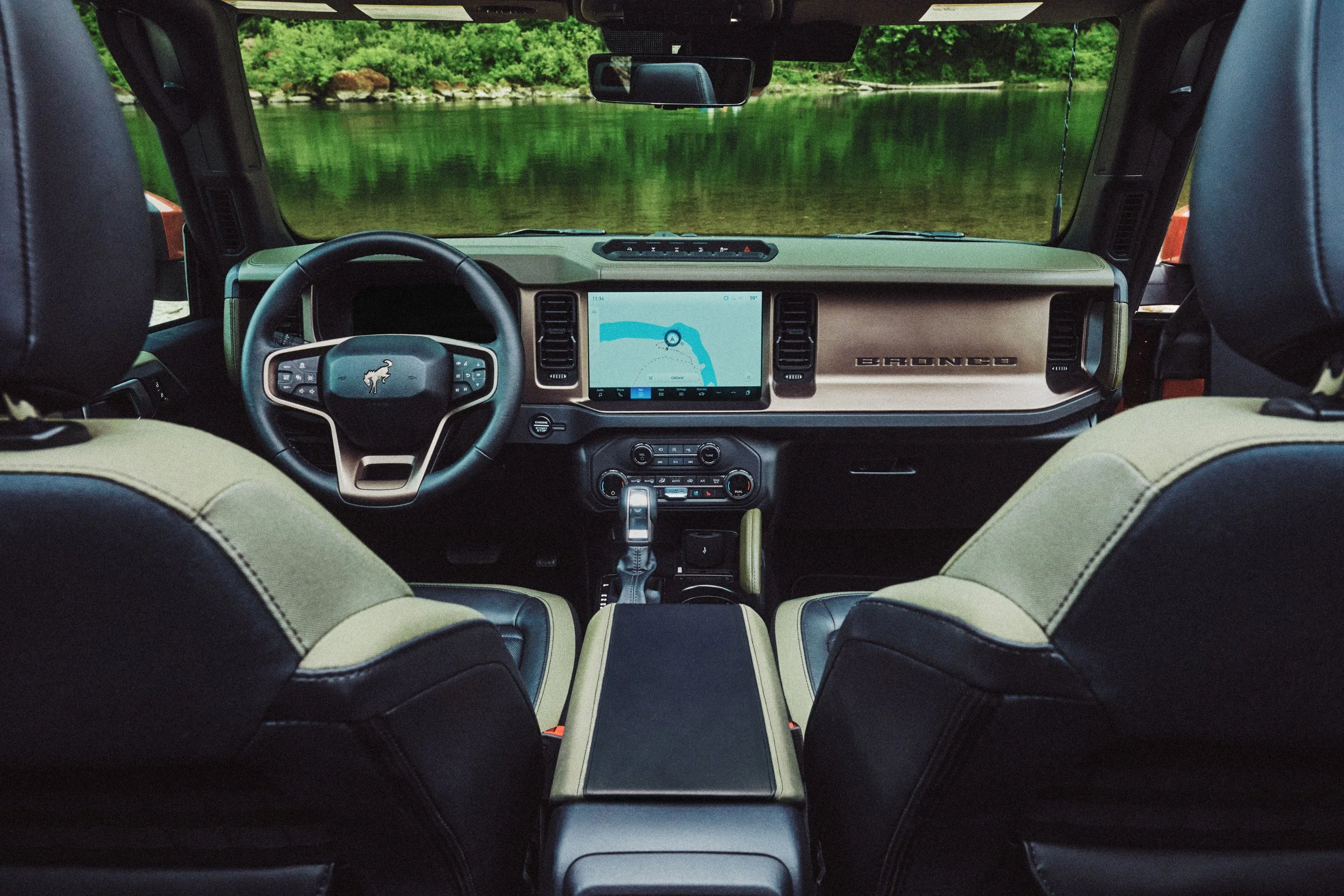Interior cabin shot of console and seatbacks