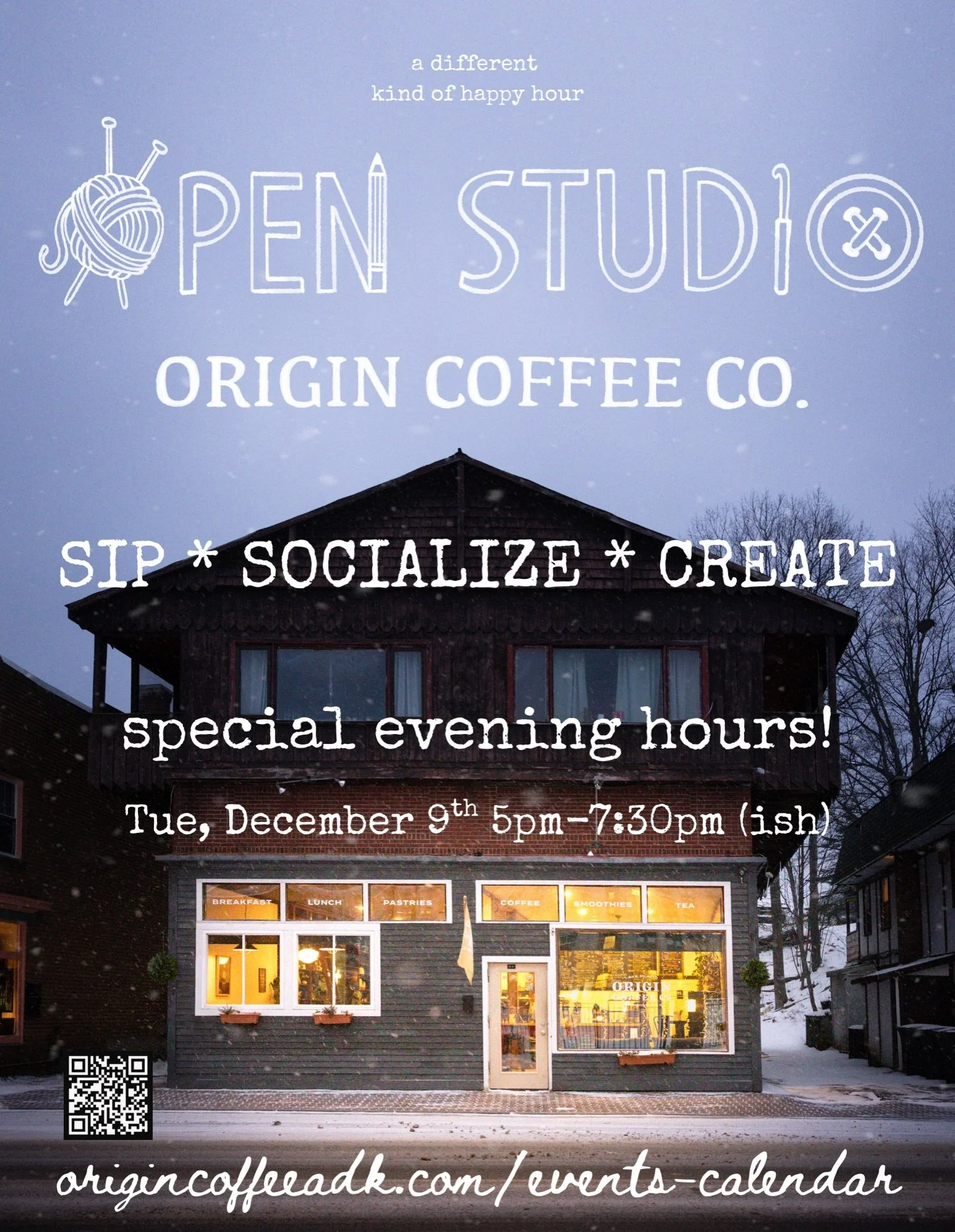 ORIGIN OPEN LATE!? ☕️🧶 a different kind of Happy Hour! Tuesday 12/9 in LP - Open Studio Night our cozy coffee bar will be open to catch up with a friend after work, knit, craft, work on a special art piece, get those holiday cards done! 
🧶🪡🎨

The