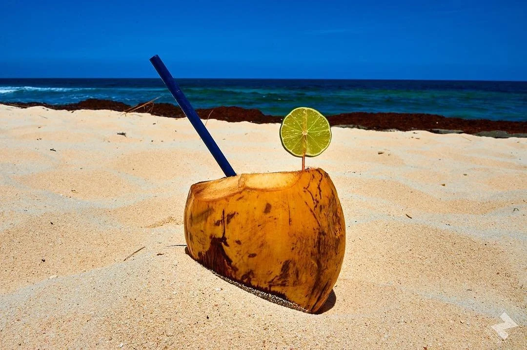 A coconut with a straw and a lime slice on top, placed on sandy beach with the ocean and blue sky in the background.