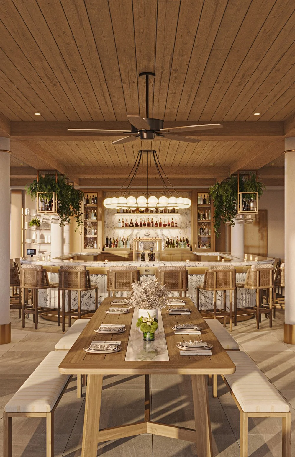 Rendering of The Crossing restaurant at The Cooper in Charleston featuring a communal dining table, marble bar, and warm wood ceiling.
