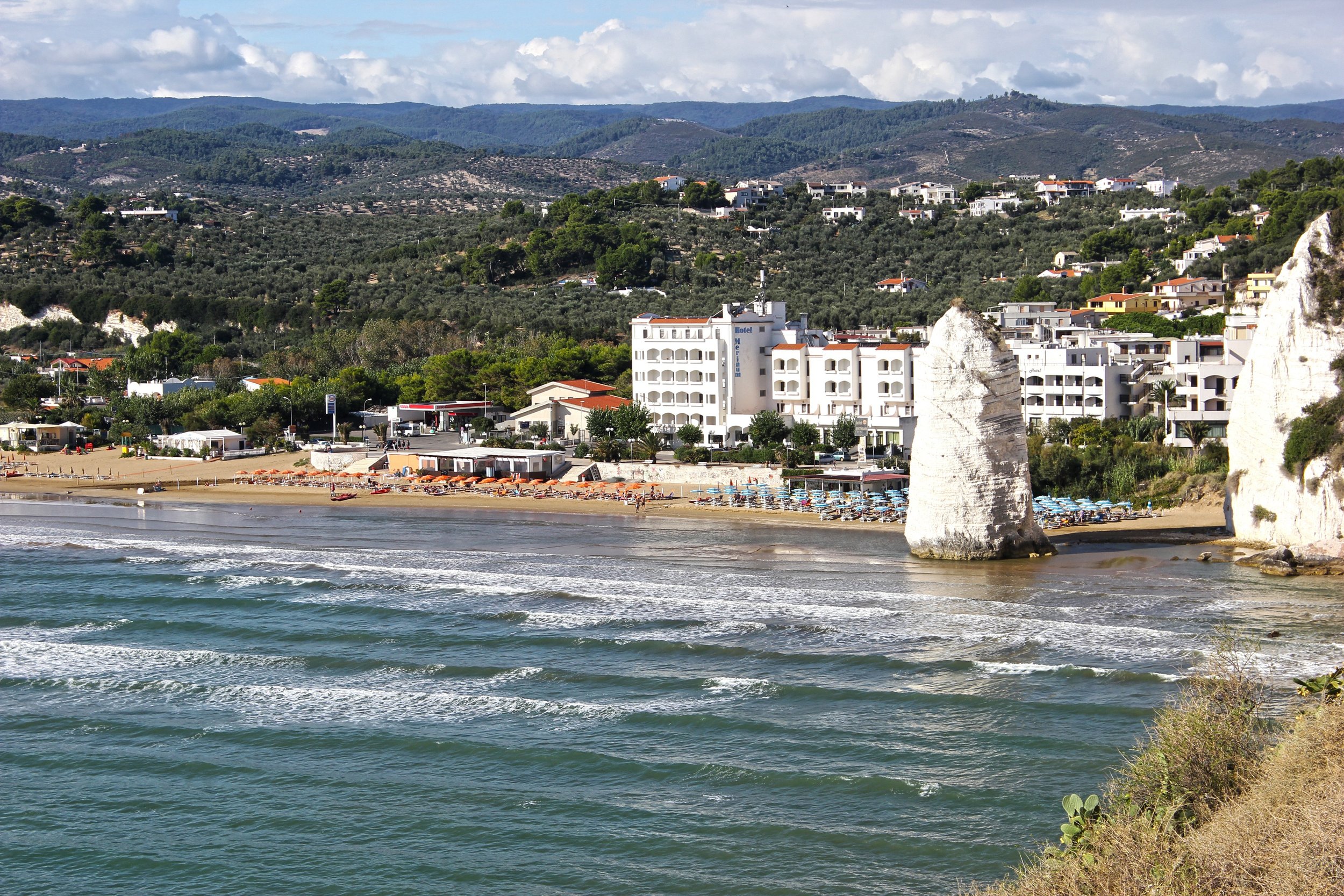 Coastal view of Vieste in Puglia with Adriatic water, limestone sea stacks, beach umbrellas, hillside homes, and olive groves.
