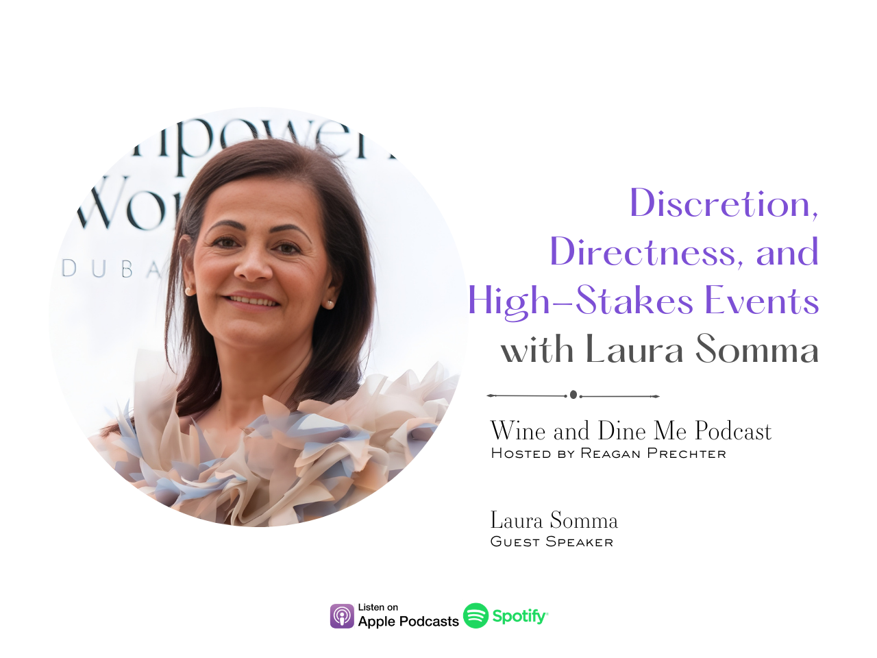 Episode cover featuring Laura Somma with the title “Discretion, Directness, and High-Stakes Events with Laura Somma” for The Wine and Dine Me Podcast.