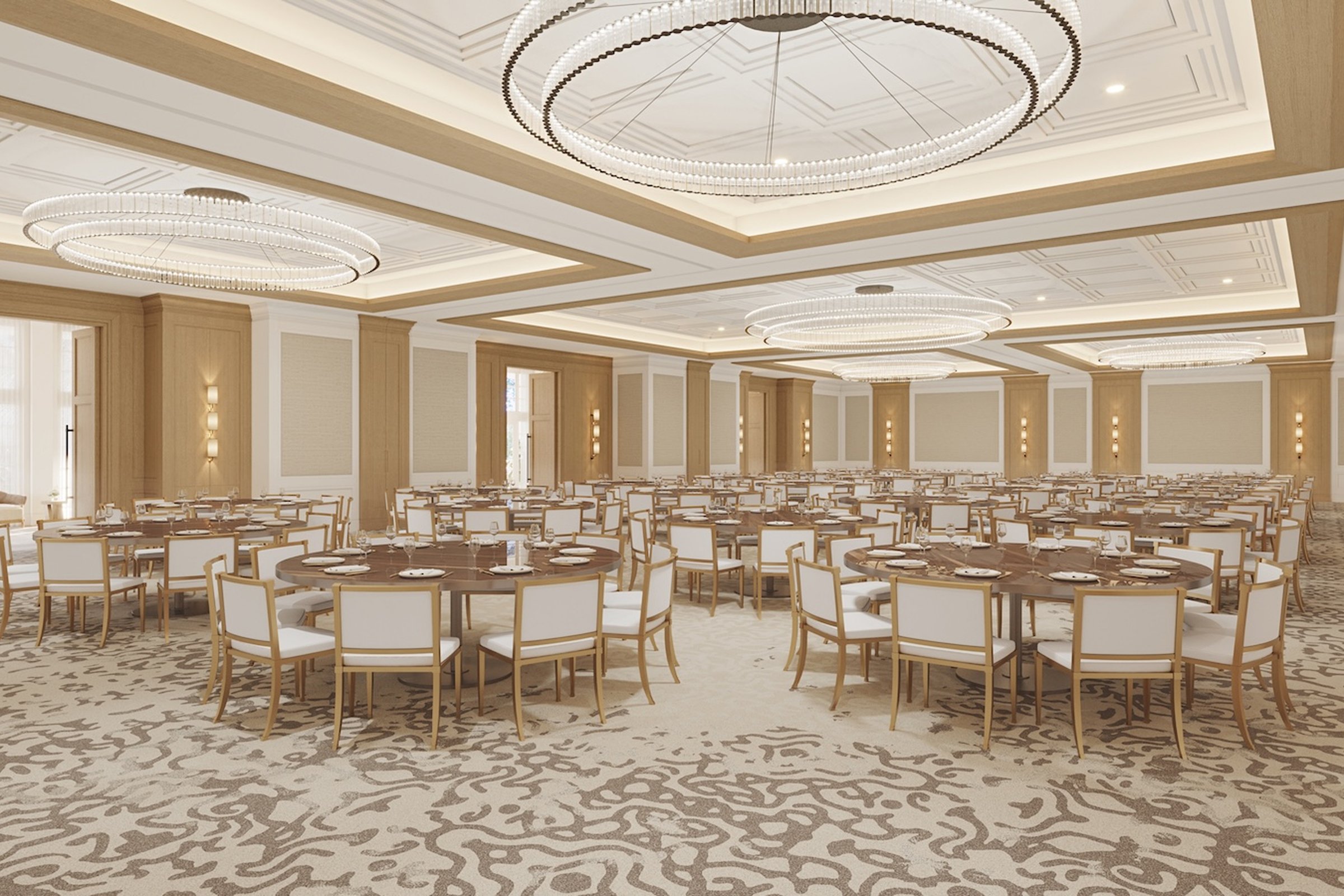 Rendering of The Cooper’s Asten Ballroom set for a wedding reception, with round tables, upholstered chairs, and large circular chandeliers overhead.