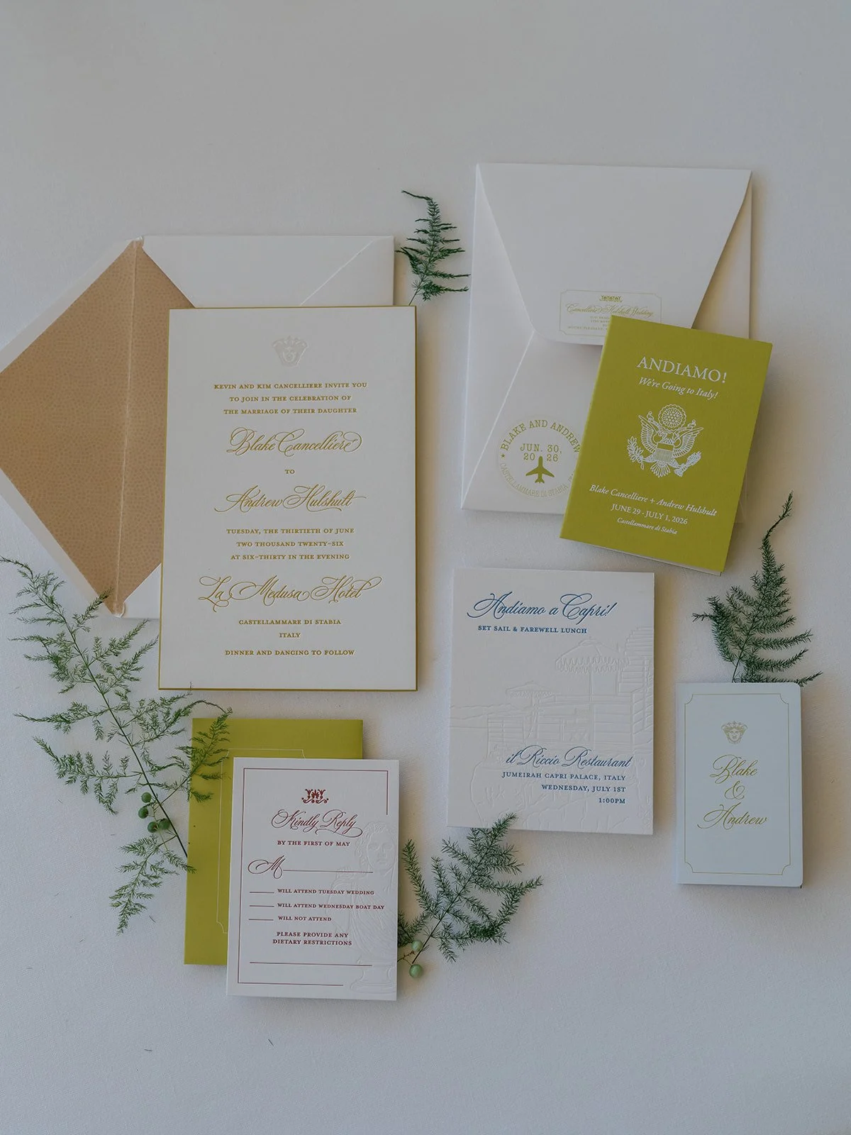 Italy destination wedding stationery suite with ivory and olive paper goods, embossed details, RSVP card, and Capri farewell lunch invitation.