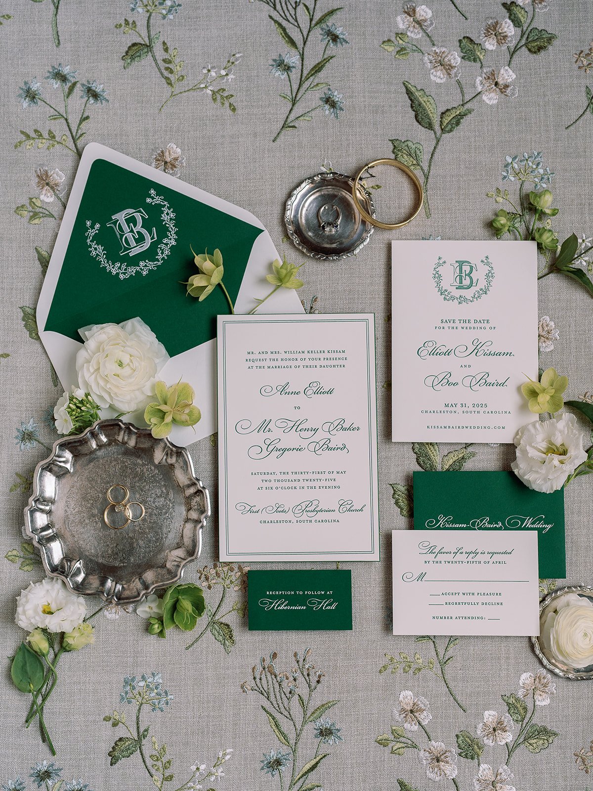 Emerald green and white wedding invitation suite with save-the-date, RSVP card, florals, and vintage silver details for a Charleston wedding.
