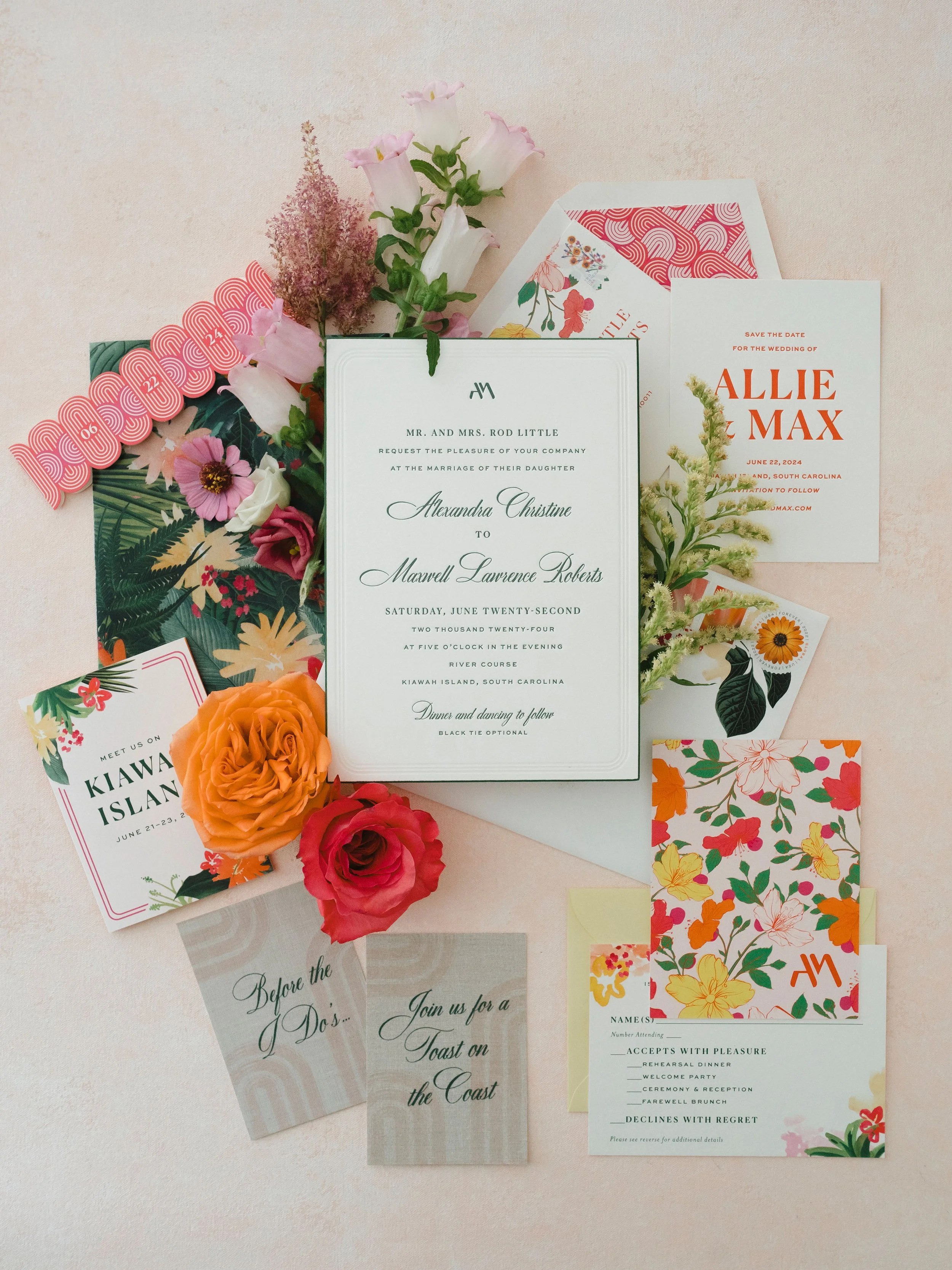 Colorful floral invitation suite with RSVP cards, save-the-date, and wedding weekend details for a Kiawah Island destination wedding.