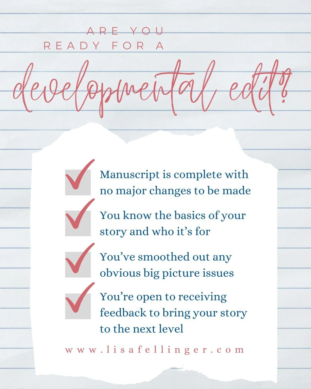 Wondering if your manuscript is ready for a developmental edit? 

I&rsquo;ve put together a simple checklist to help you figure it out&mdash;because sometimes it&rsquo;s hard to know when you&rsquo;ve taken your story as far as you can on your own.


