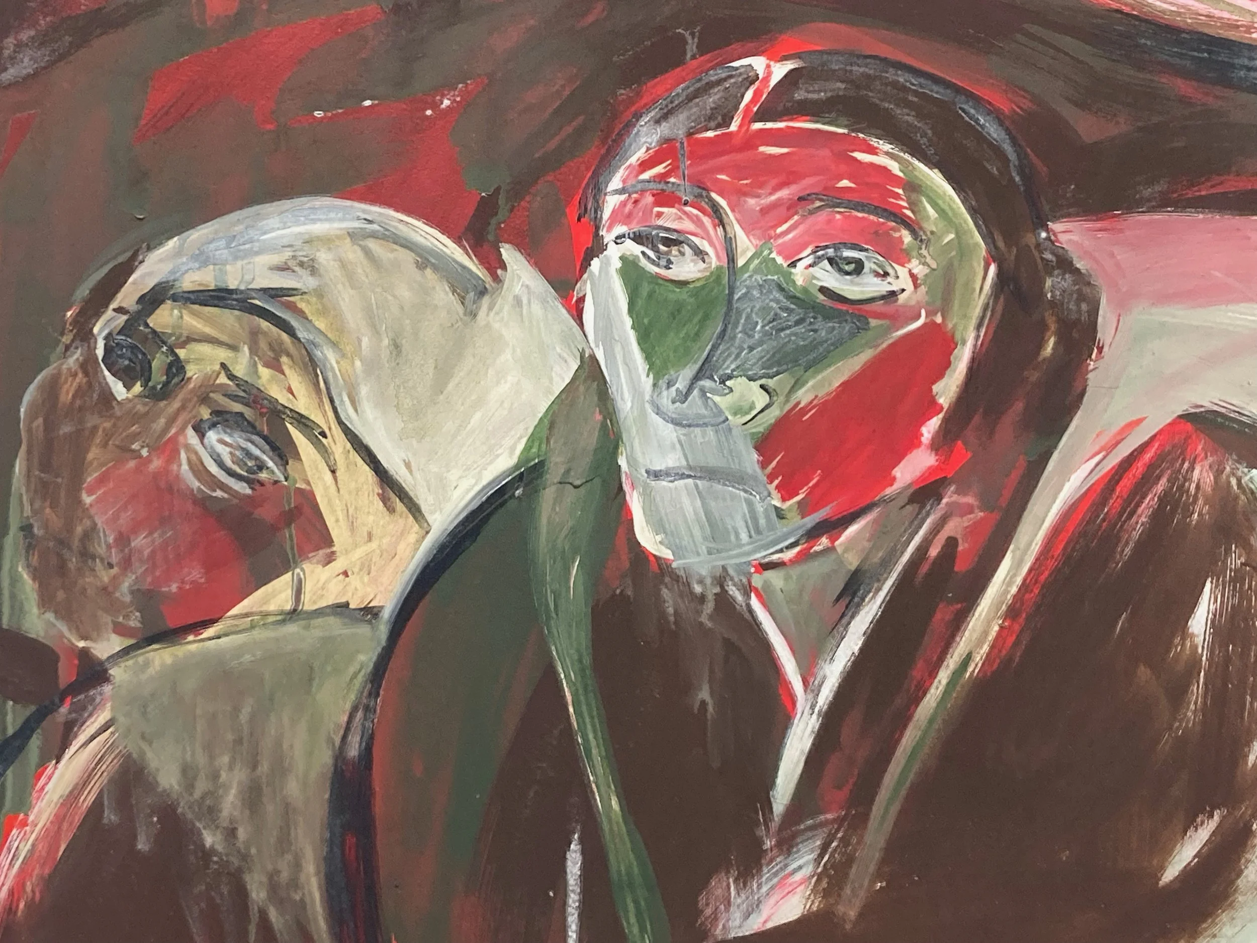 An expressionist oil painting of two female faces, sketched in rough strokes of white, red, brown, and green. The face on the right has a narrow face and wears middle-parted hair, with eyes looking upward