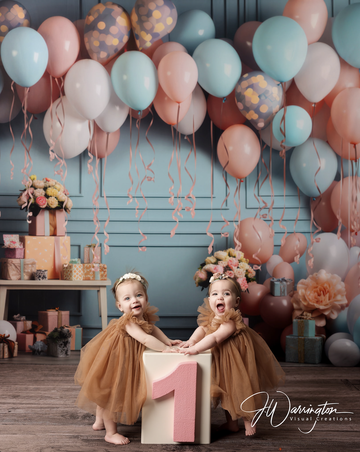 Cute 1 year old twins in brown dresses in milestone photography and blue and pink balloons in background by findlay photographer