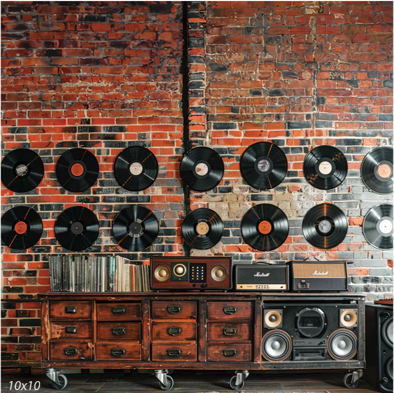 Brick with records on wall backdrop by findlay photographer