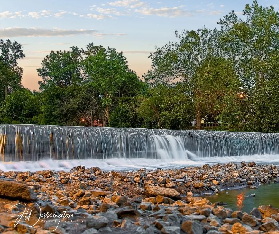Scenic Riverside Park waterfall and dam on the Blanchard River at sunset in Findlay, Ohio, captured by northwest ohio photographer
