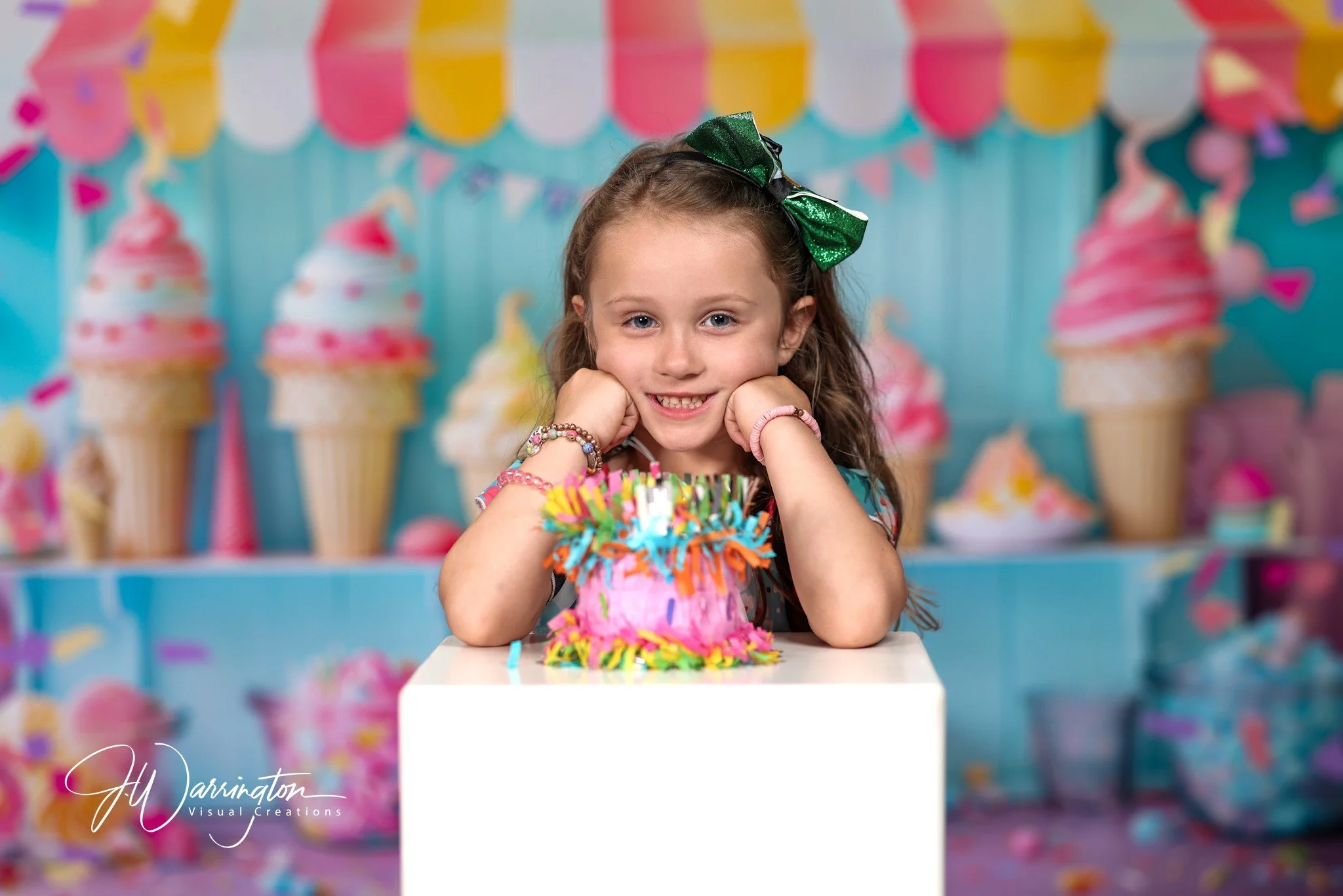 Colorful 5 year old girl birthday photos with ice cream shop background by northwest ohio photographer