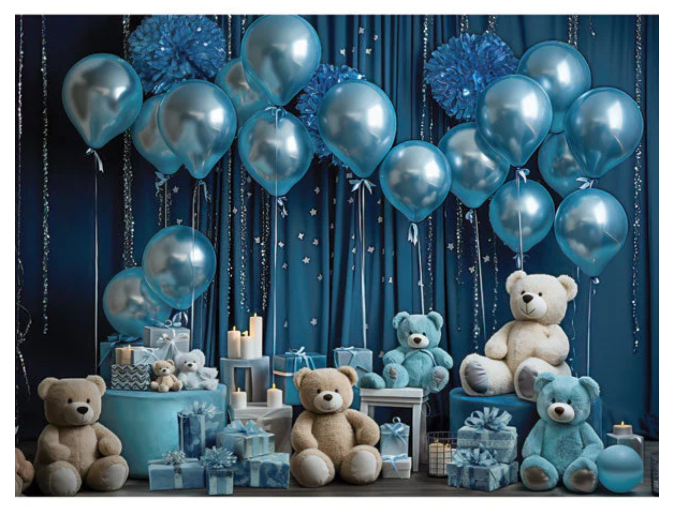 Dark blue and tan teddy bears and balloons birthday backdrop option by findlay photographer
