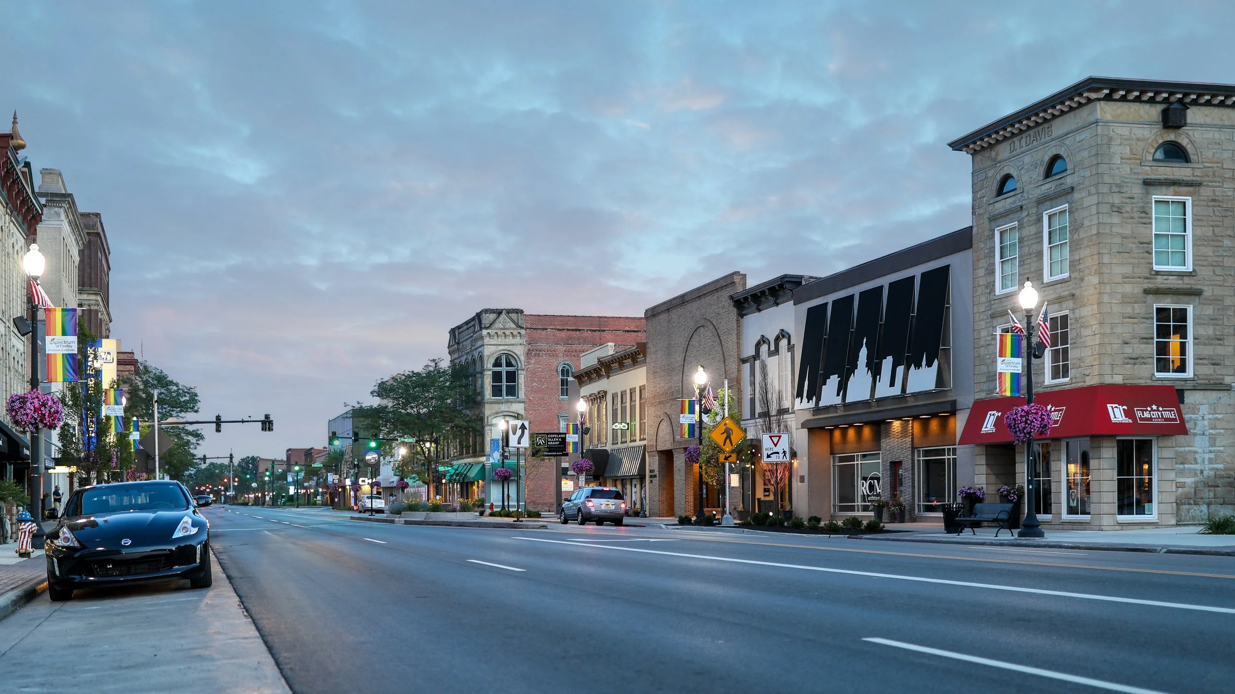 Historic Downtown Findlay, Ohio streetscape with local storefronts and architecture, captured by findlay ohio photographer