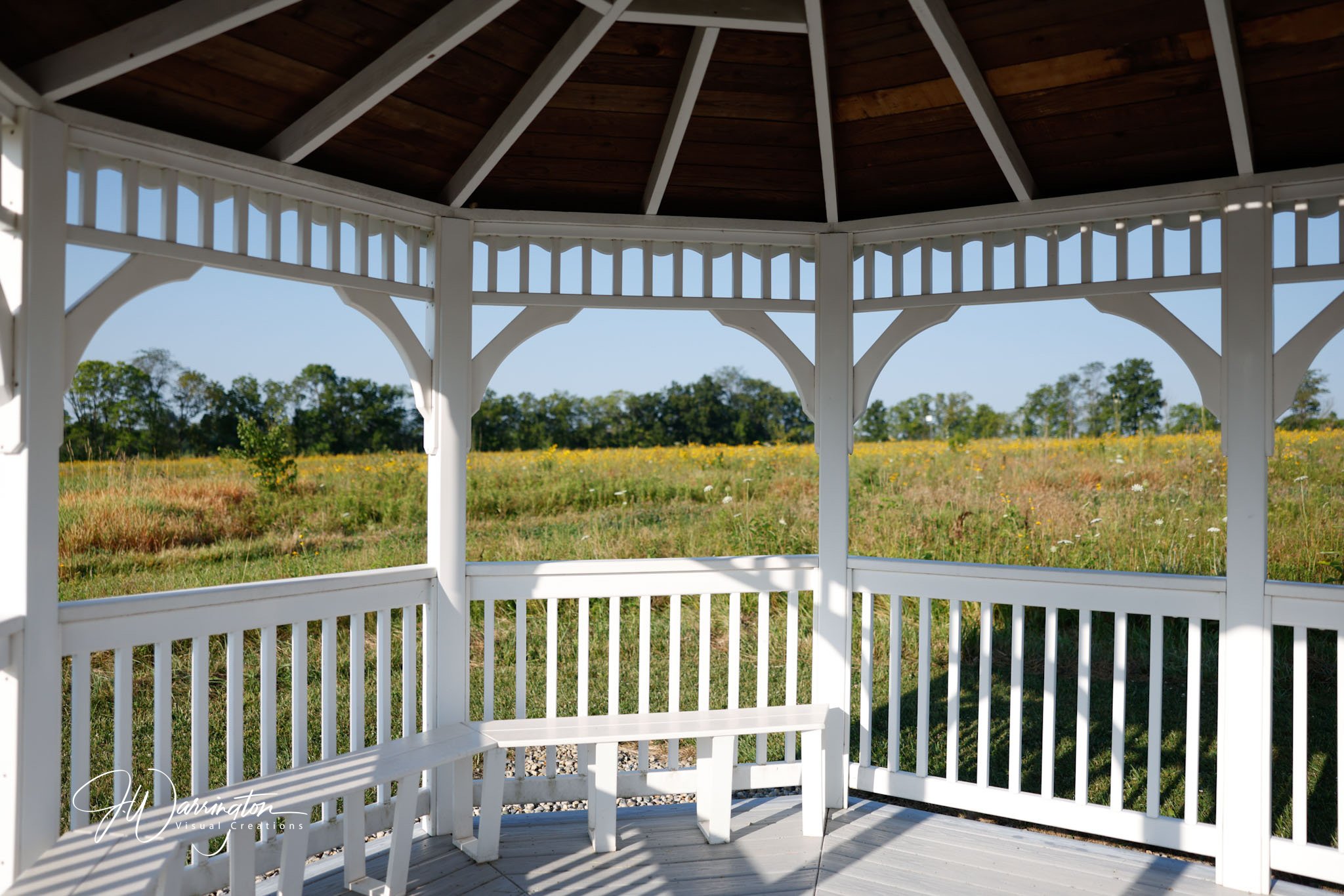 View from inside a white gazebo overlooking a grassy field of Motter Metro Park, with yellow flowers and trees in the distance under a clear blue sky.