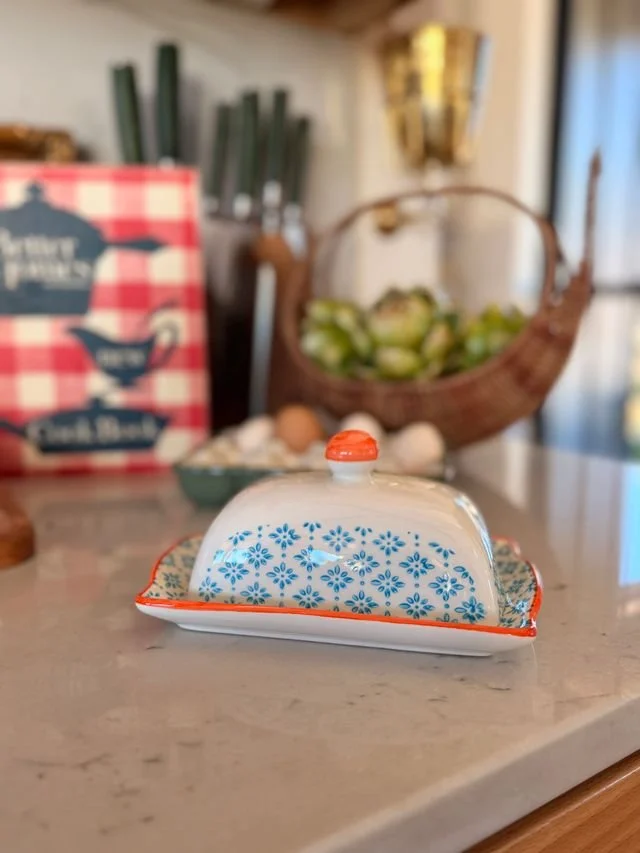 Hand-Printed Porcelain Butter Dish - Blue & Orange