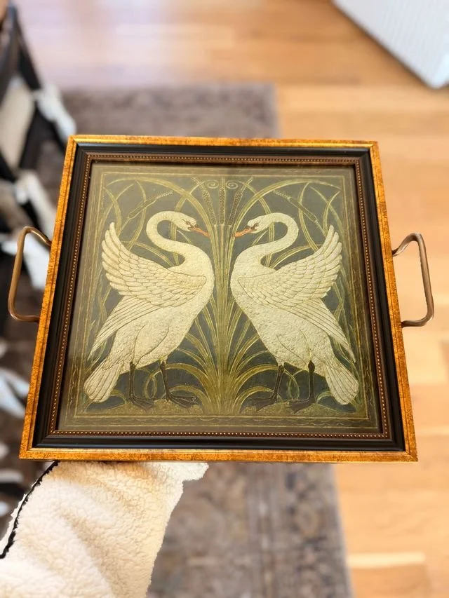 Two White Swans Decorative Tray with Brass Handles