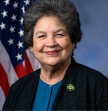 Portrait of an older woman with short curly hair, smiling, wearing a dark blazer and blue top, with an American flag in the background.