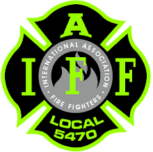 Emblem of the International Association of Fire Fighters, Local 5470, with a green and black design featuring a Maltese cross and the letters "IAFF".